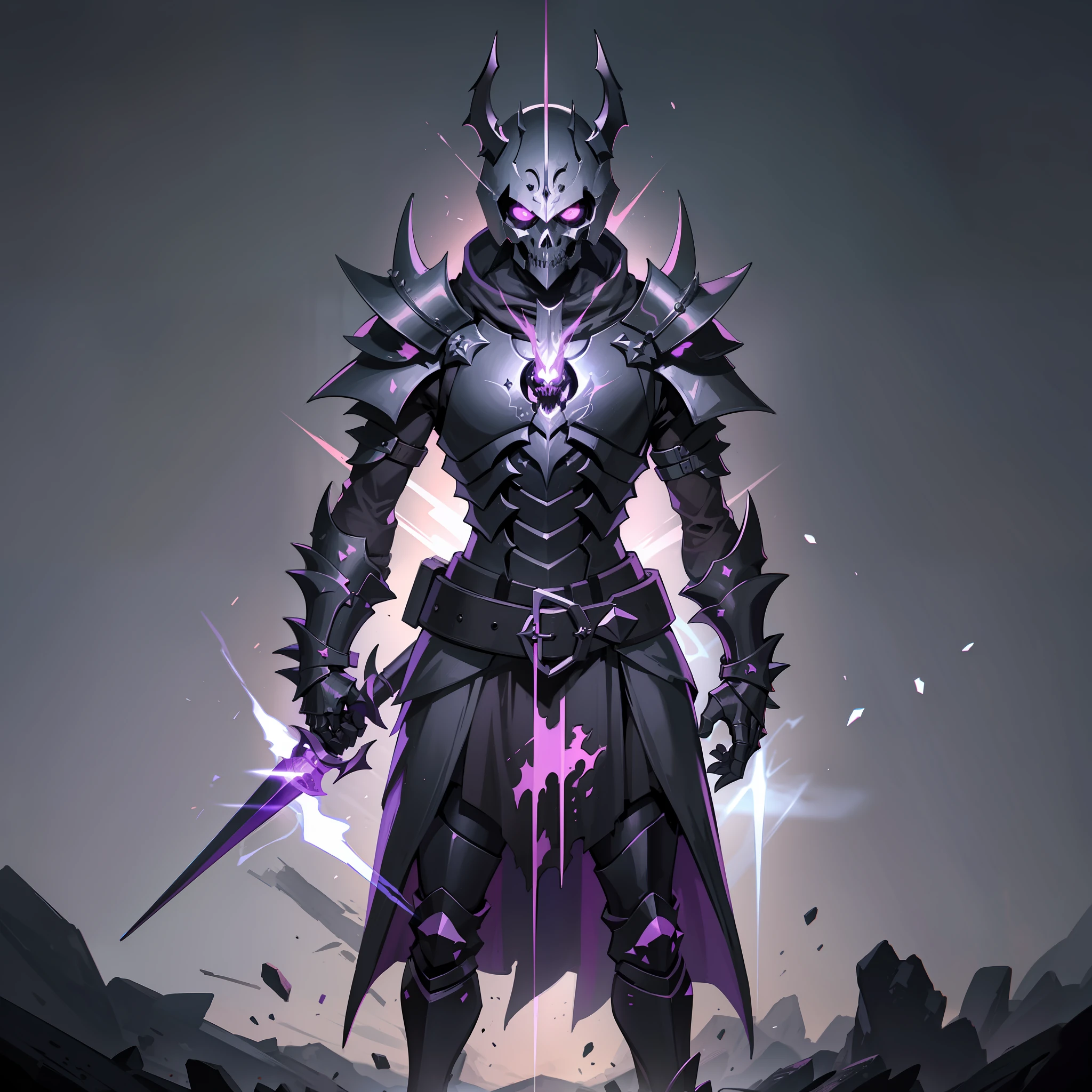 1 male, demonic knight, black armor, skull helmet, covered face, spikes, purple glowing eyes, full body view