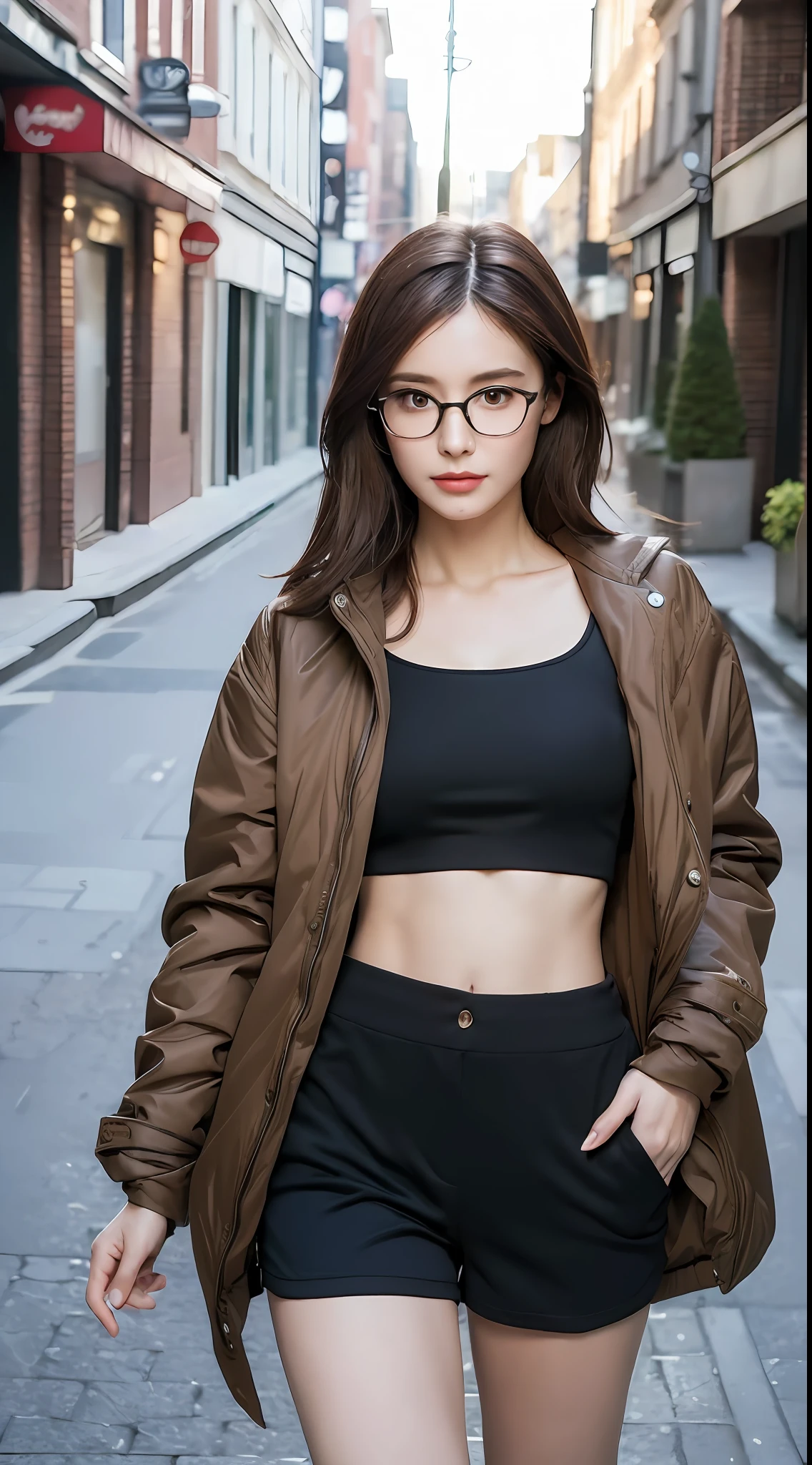 ((Best quality, 8k, Masterpiece :1.3)), Sharp focus :1.2, A pretty woman with glasses, perfect figure :1.4, Slender abs :1.2, ((Dark brown hair, Medium breasts :1.2)), (long lether jacket black, Cut off shorts :1.1), City street:1.2, Highly detailed face and skin texture, Detailed eyes, Double eyelid,