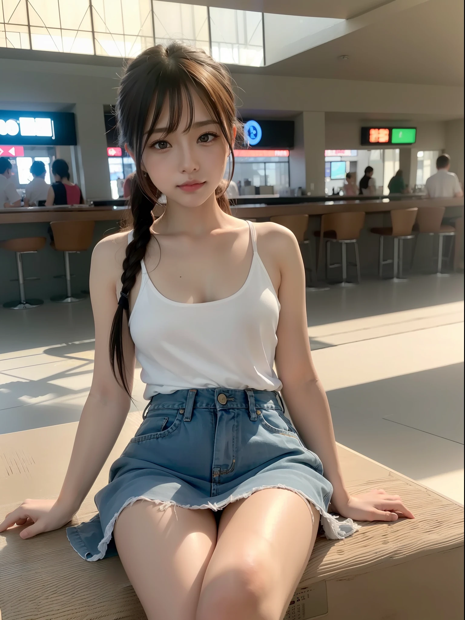 ((Best quality, 8k, Masterpiece: 1.3)), Sharp focus: 1.2, (1 AESPA girl: 1.3), beautiful face girl with cellphone, cute face, age 24, small breasts, flat chest, brunette short messy hair, or ponytail, sitting, spread legs, white shirt, camisole, skirt, airport, terminal, station, something drinking, sunlight, kindness, cinematic lighting, (8k, masterpiece, best quality, raw photo)