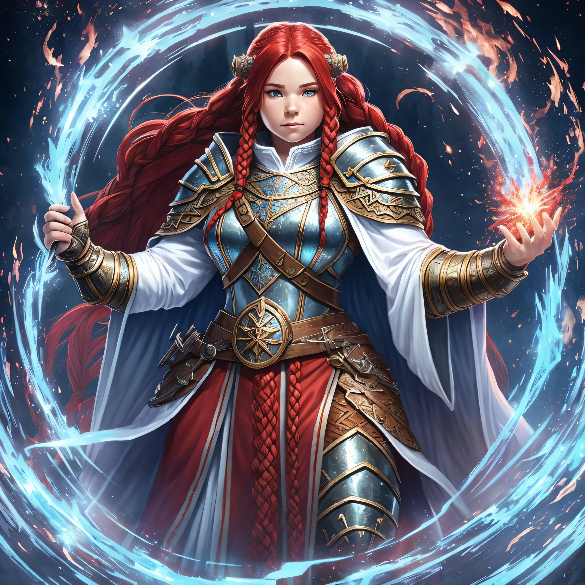 full body, dwarf, female, with long red braids, epic, cleric casting a spell, wearing a white heavy armor and blue cloak, intense details dnd art --auto --s2