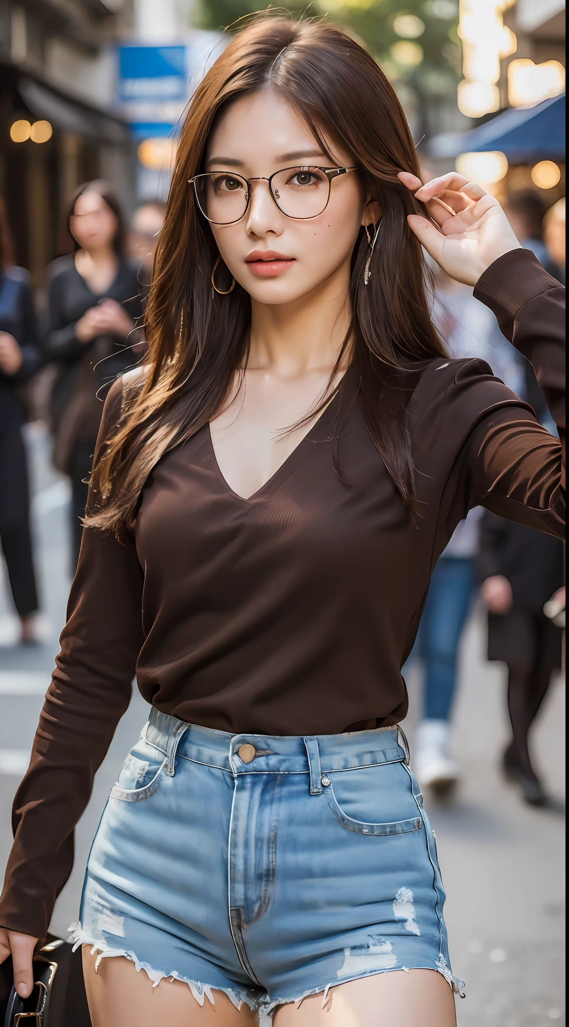 ((Best quality, 8k, Masterpiece :1.3)), Sharp focus :1.2, A pretty woman with glasses, perfect figure :1.4, Slender abs :1.2, ((Dark brown hair, Medium breasts :1.2)), (V neck long sleeves shirt, Cut off shorts :1.1), City street:1.2, Highly detailed face and skin texture, Detailed eyes, Double eyelid