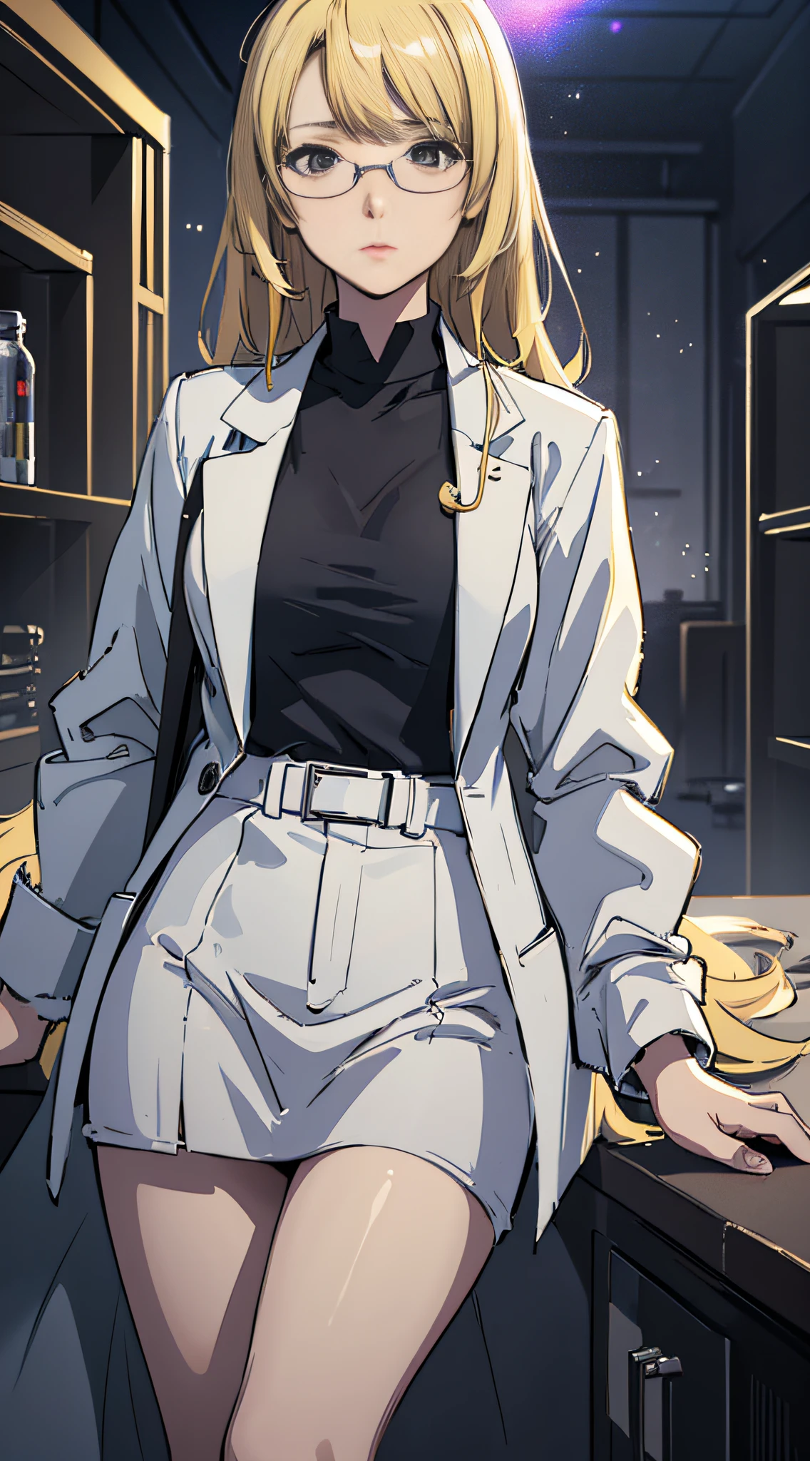 masterpiece,  (volumetric lighting:1.5), (atmospheric:1.5), best quality, best artist, 4k wallpaper, 1girl, ritsuko, lab coat, blonde hair, glasses, happy, large breasts, looking at viewer, solo, showing indifference, soccer field