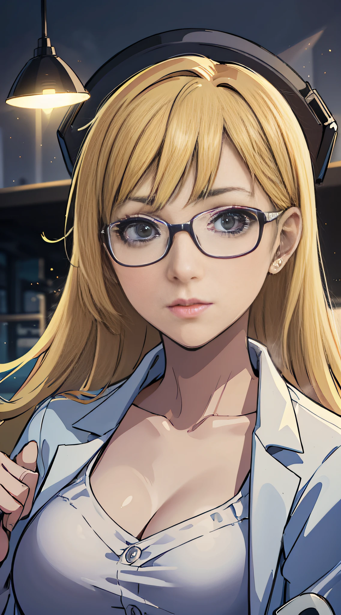 masterpiece, (volumetric lighting:1.5), (atmospheric:1.5), best quality, best artist, 4k wallpaper, 1girl, ritsuko, lab coat, blonde hair, glasses, happy, large breasts, looking at viewer, solo, showing indifference, soccer field