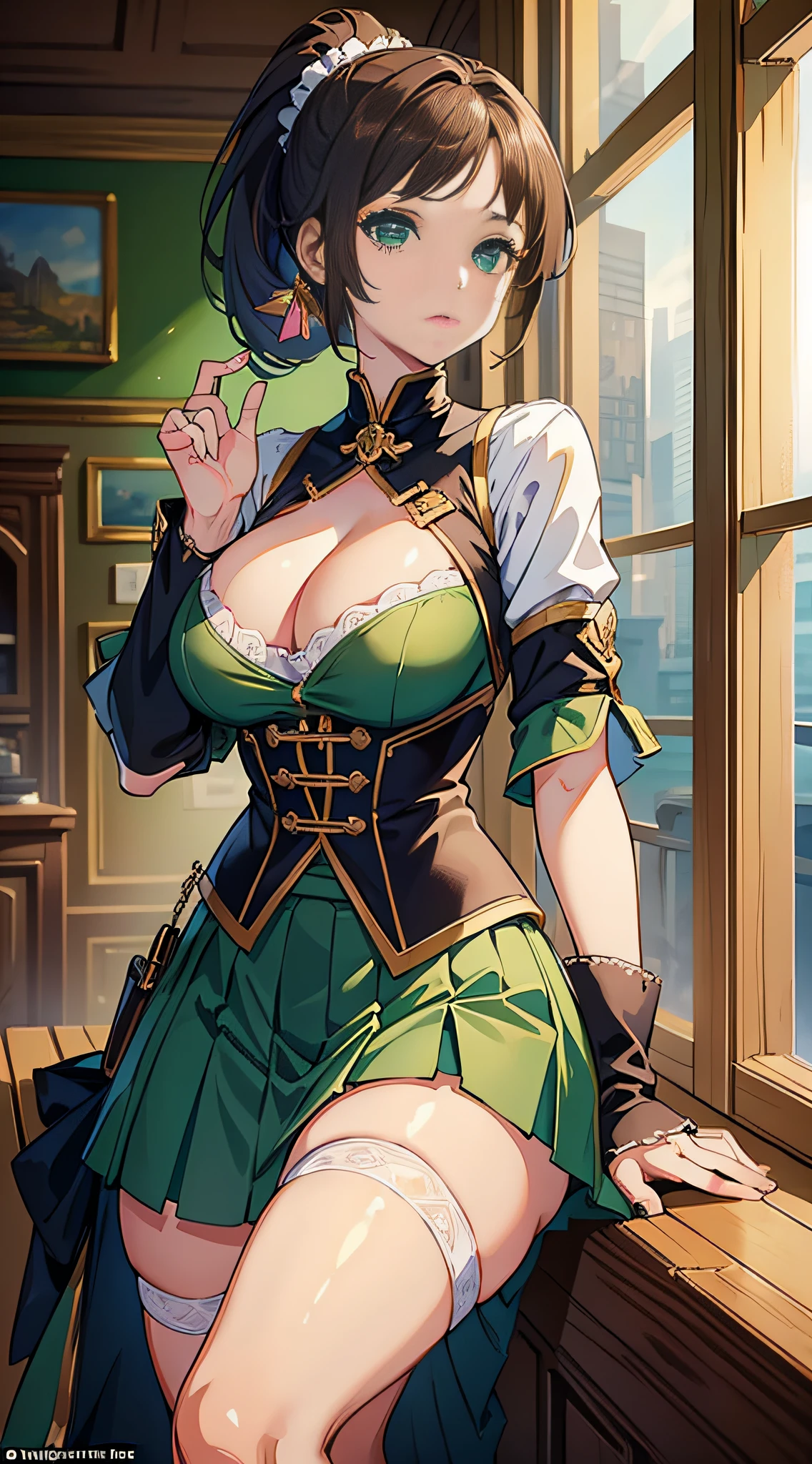 (masterpiece:1.2, best quality), (finely detailed beautiful eyes: 1.2), a girl with a brown ponytail, green eyes, big breasts, only 1 girl, age 20, skirt