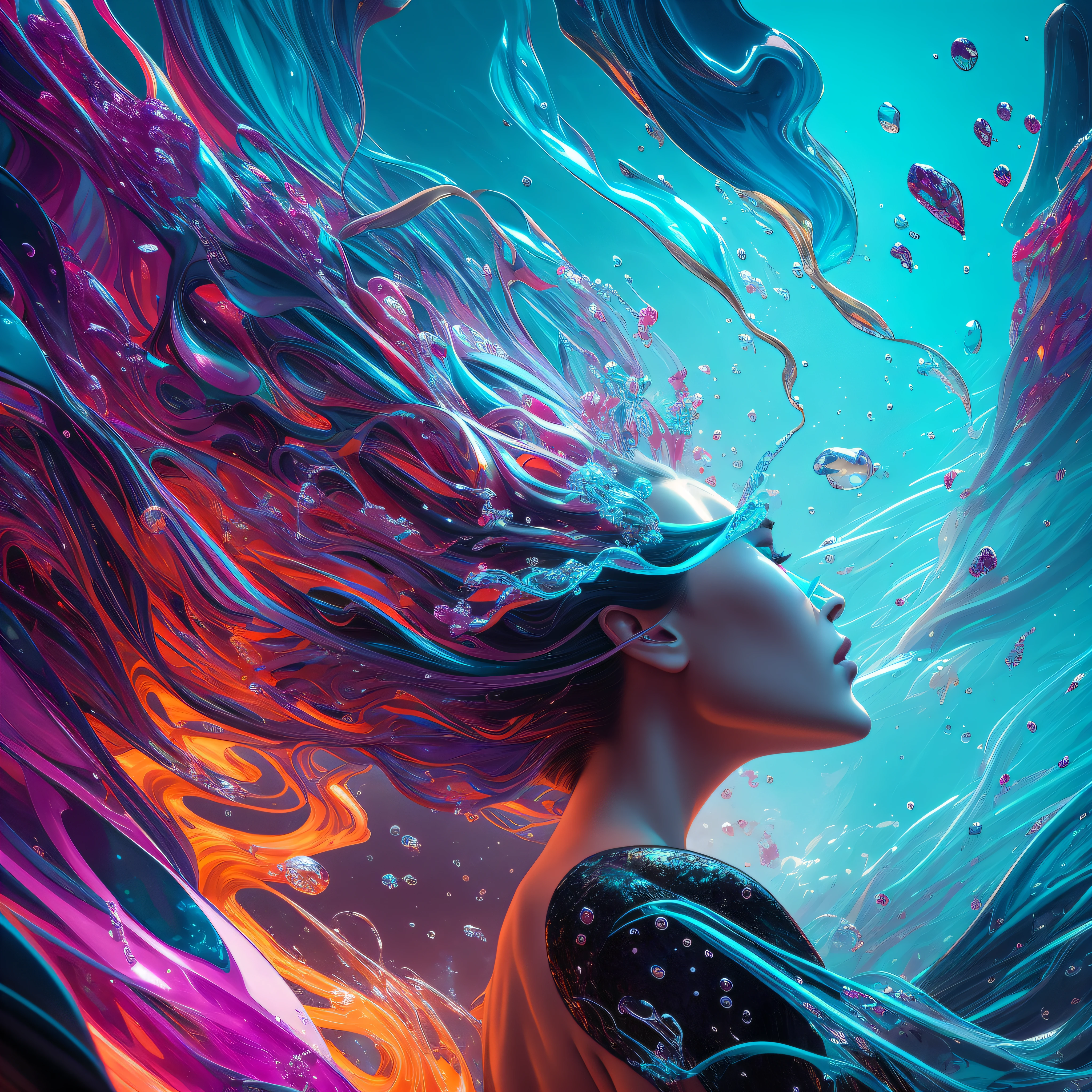 modelshoot style, (extremely detailed CG unity 8k wallpaper), Chaotic storm of  intricate liquid smoke in the head, stylized beauty full - length abstract portrait, wet-skin,  by petros afshar, ross tran, tom whalen, peter mohrbacher, artgerm, shattered glass, ((bubbly underwater scenery)) radiant light octane render highly detailed