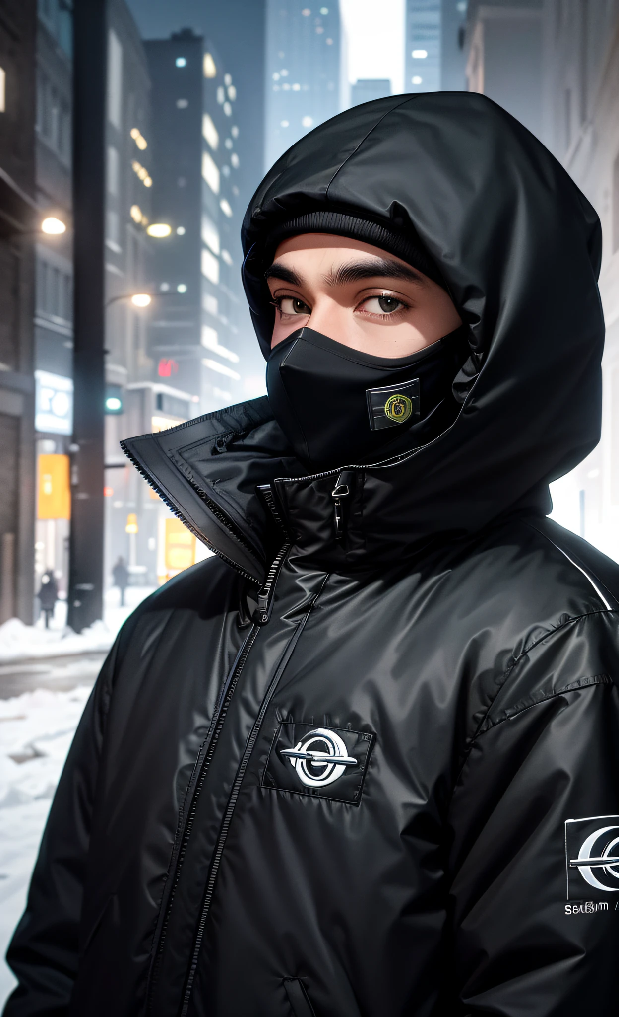 Masterpiece, best quality, black man, black bubble style jacket winter puffer (stone island logo), black gloves, oversized clothes, car night, buildings bright, bright, close-up, balaclava uk drip all black