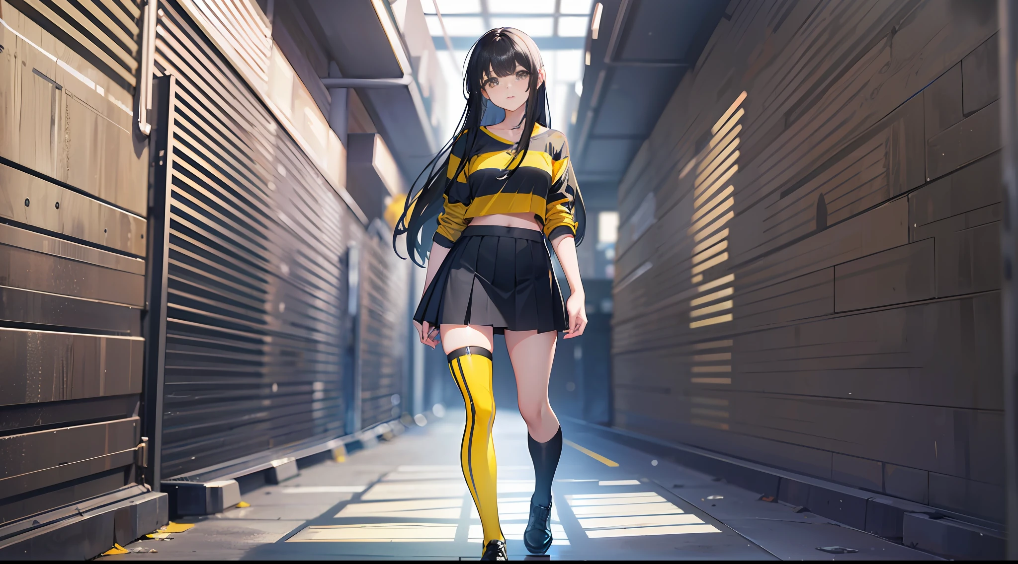 18-year-old girl,Long black hair,yellow striped top and blue miniskirt and yellow stockings,full body,Standing Posture