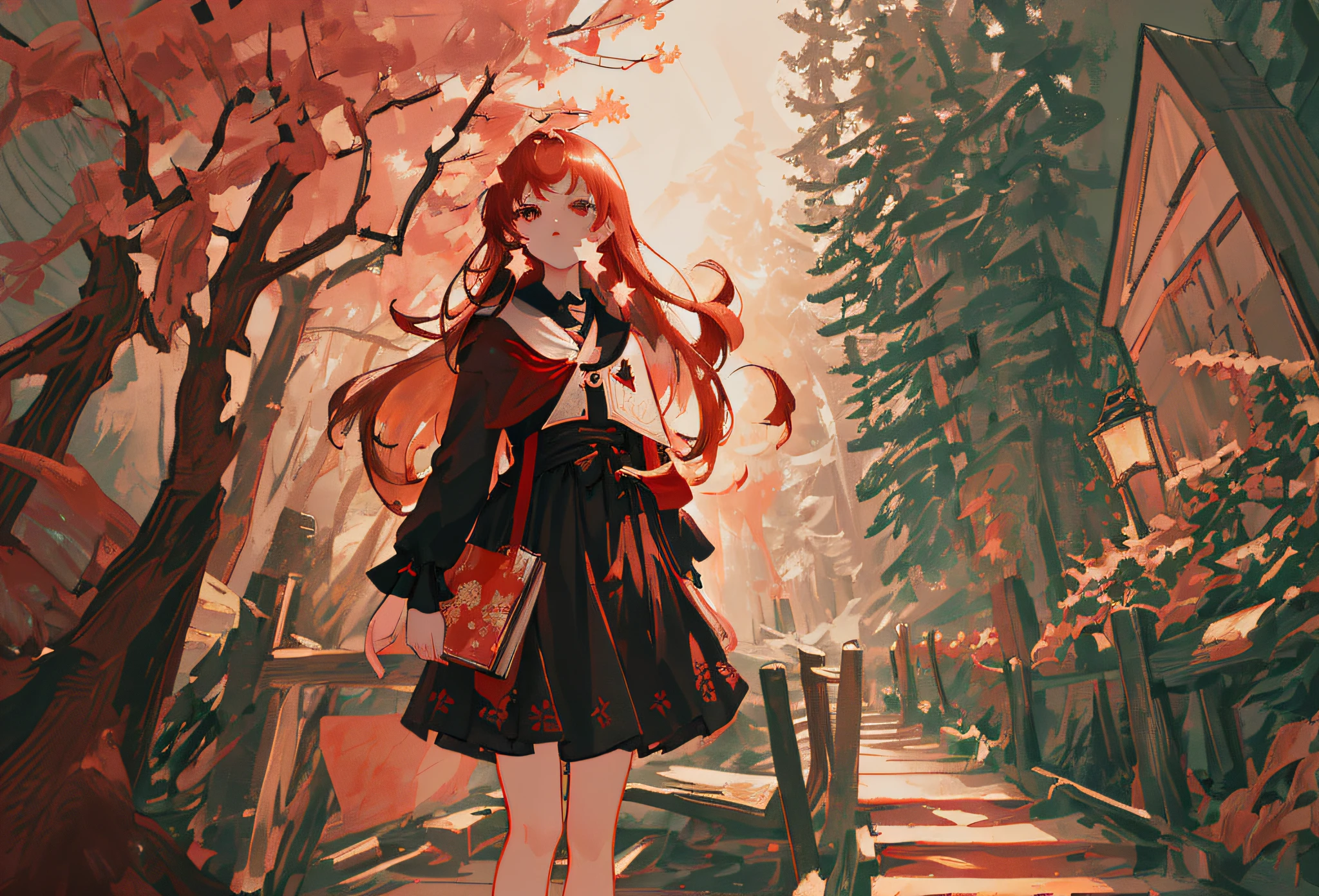 (extremely detailed CG unity 8k wallpaper,best quality, masterpiece), an extremely delicate and beautiful Japanese-style forest with Sakura trees and a girl standing in front,(red hair:(1.2),black dress with bloody patterns,star-shaped eyes,black eyes), holding a book,(finger on mouth),(dark light:1.3).