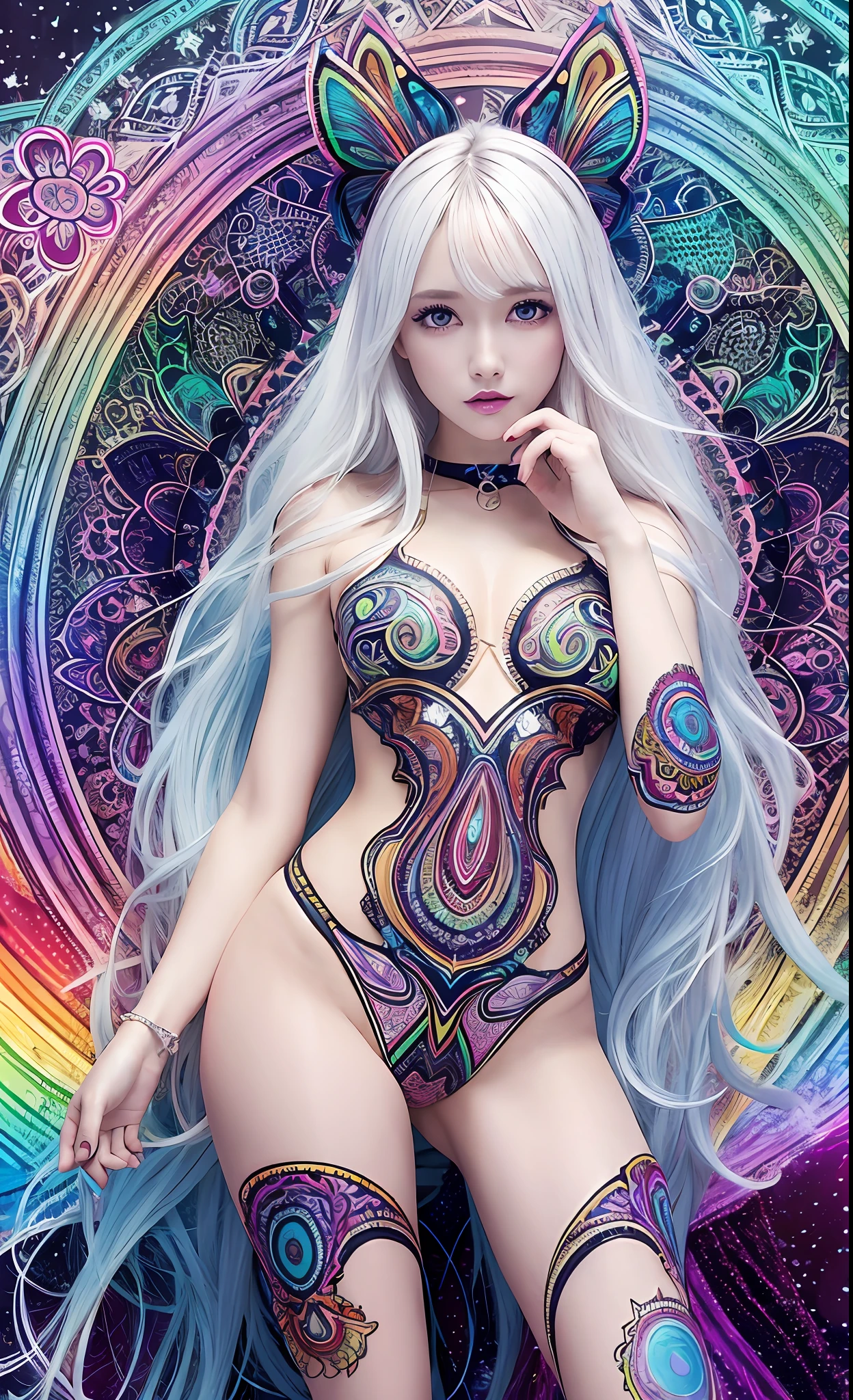 Masterpiece, Best Quality, Girls, Slender, Rainbow Color Eyes, Hair Color, Iridescent, Long Hair Spreads, White Skin, Medium, Cute, Sexy, Near Future, Bikini, Exposed Skin, Night, Psychedelic, Trip, Highly Colored, Paisley, Extreme Color, Mandala Theme, Open Legs, Eye Shadow, False Lashes, Blushing, Machine Left Arm, Smile, Full Body