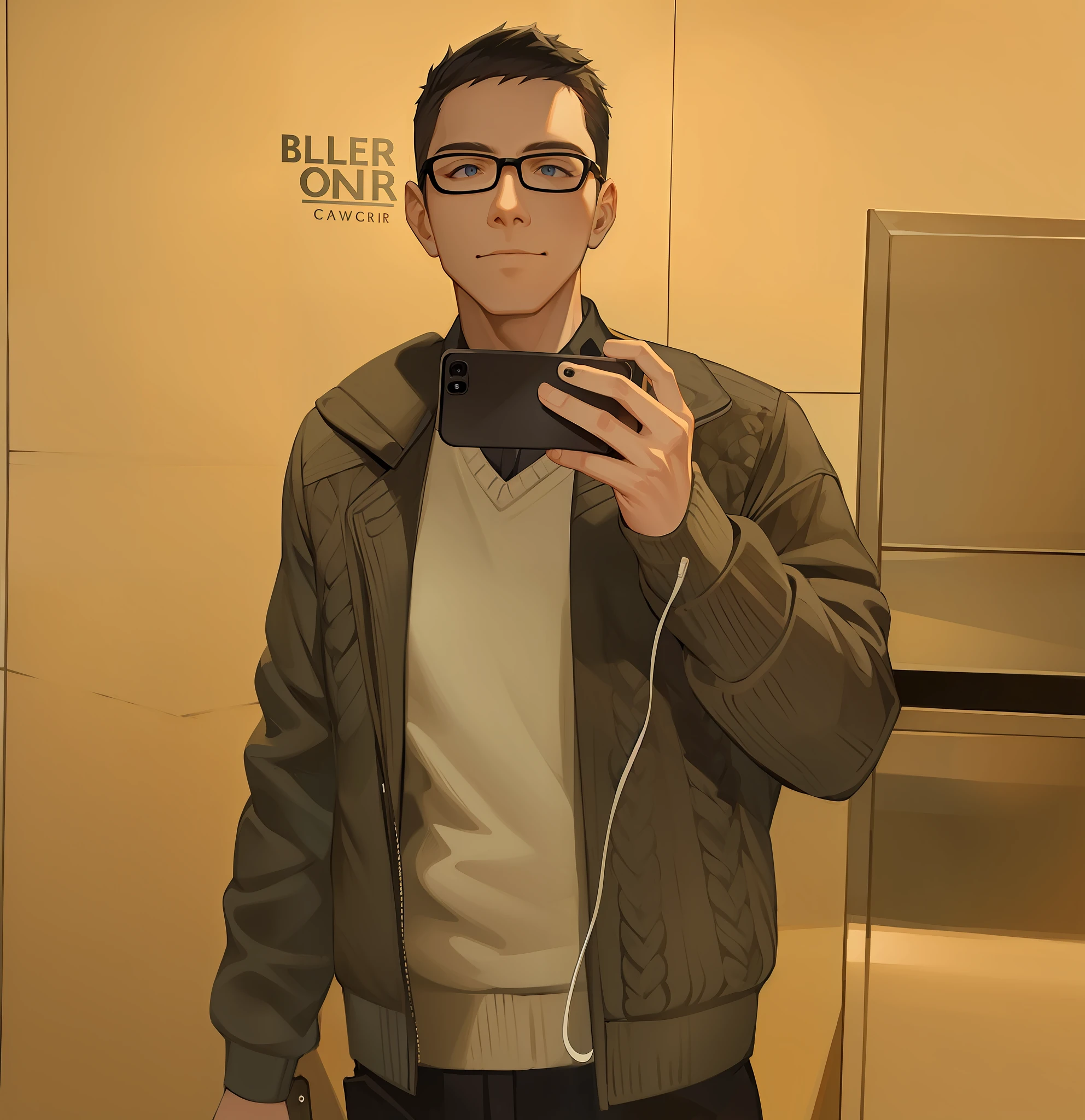High quality, 8k, selfie, cell phone, black glasses, jacket, gray sweater