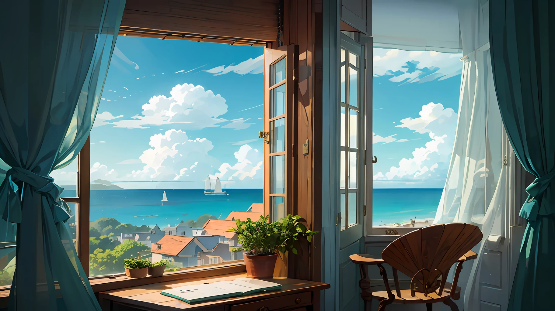 Best image quality, Super high quality, High quality, Room with sea view, curtains, sea breeze, airiness, large window, wooden desk, wooden, ecopunk, view from inside the room towards the window, girl with headphones, facing the desk, studying, from behind: 1.4, blue sky, white clouds, ghibli style, animation, 8k, exhilarating, wind, swaying curtains, houseplants, long hair, view of the vast sea, summer --auto --s2