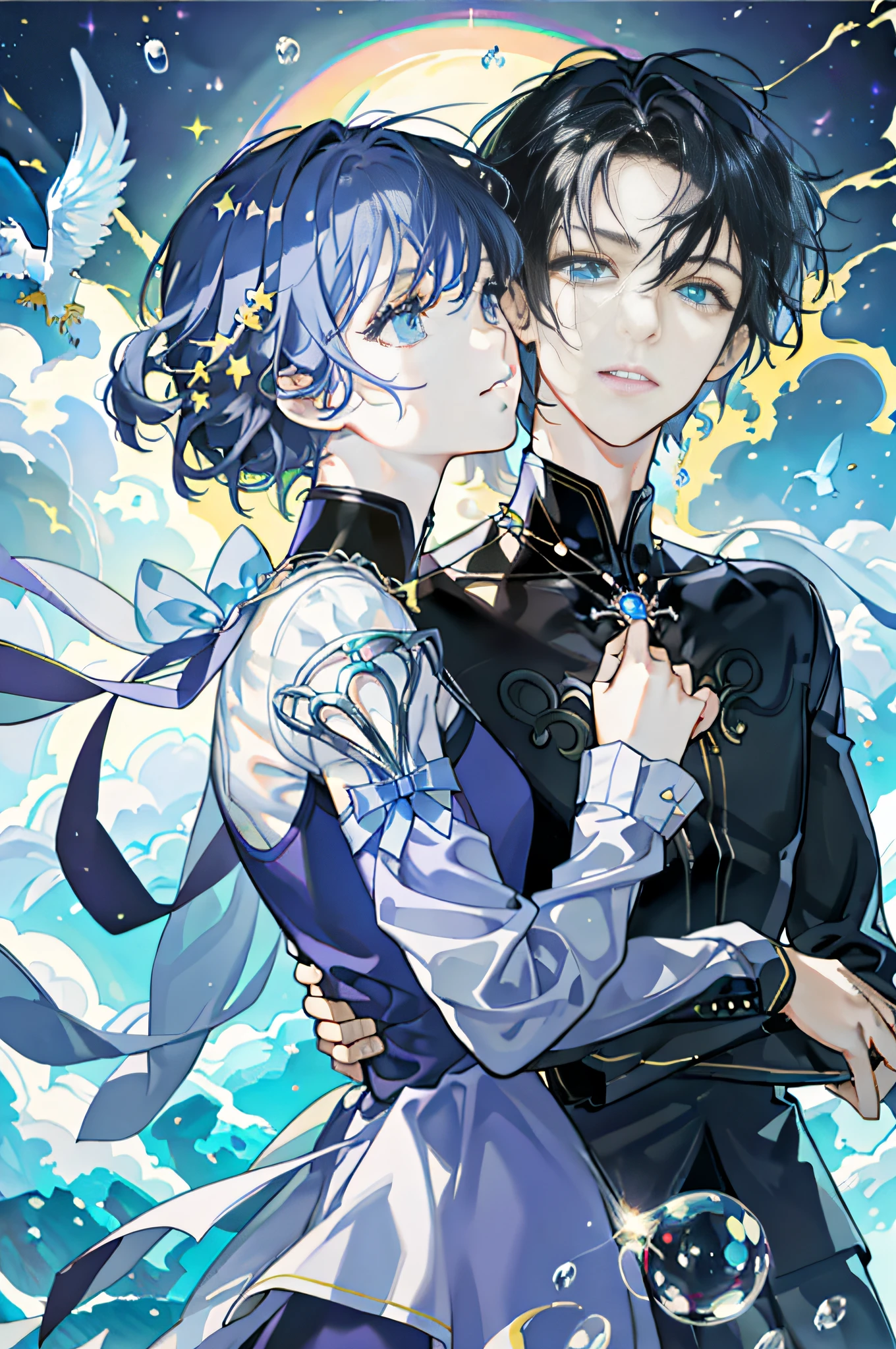 Masterpiece, Acura, 2 Men, Short Hair, Teenager, Teenager, Teenager, Kiss, Kiss, Kiss, Hug, Hug, Hug, Dark Theme, Magic Array, Bubble, Rainbow Sunshine, Underwater, Mirror, Floating Glass Piece, Rainbow Light, Bubble Swirl, Wind Vortex, Aurora, Fantasy Landscape, Starlight Around the Character, (upper body), two teenagers hugging each other kissing