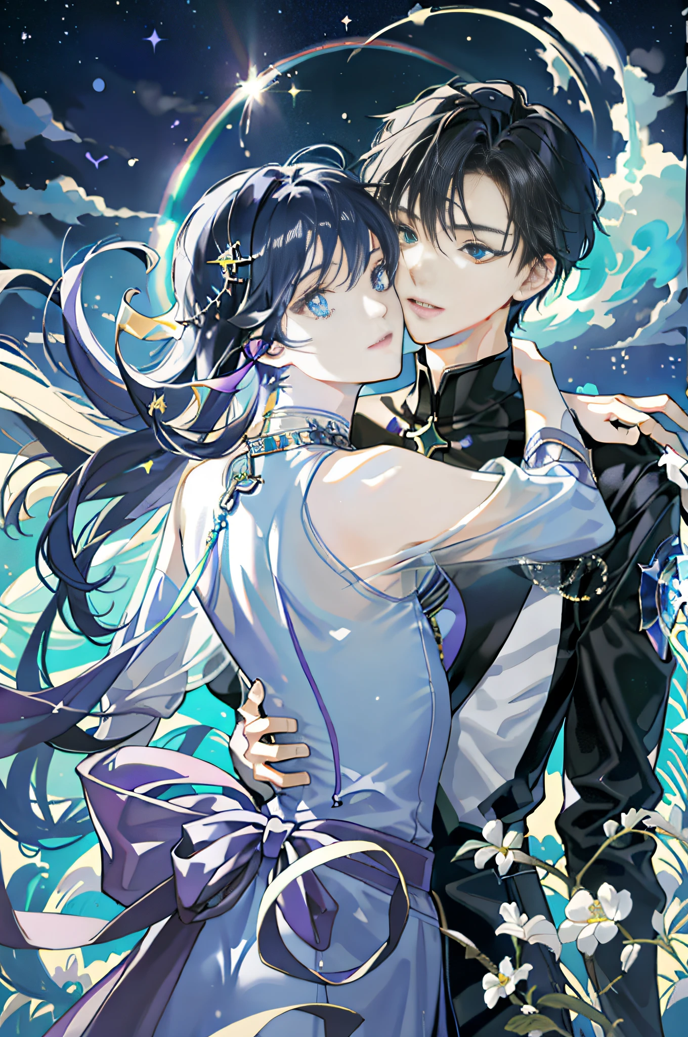 Masterpiece, Acura, 2 Men, Short Hair, Teenager, Teenager, Teenager, Kiss, Kiss, Kiss, Hug, Hug, Hug, Dark Theme, Magic Array, Bubble, Rainbow Sunshine, Underwater, Mirror, Floating Glass Piece, Rainbow Light, Bubble Swirl, Wind Vortex, Aurora, Fantasy Landscape, Starlight Around the Character, (upper body), two teenagers hugging each other kissing