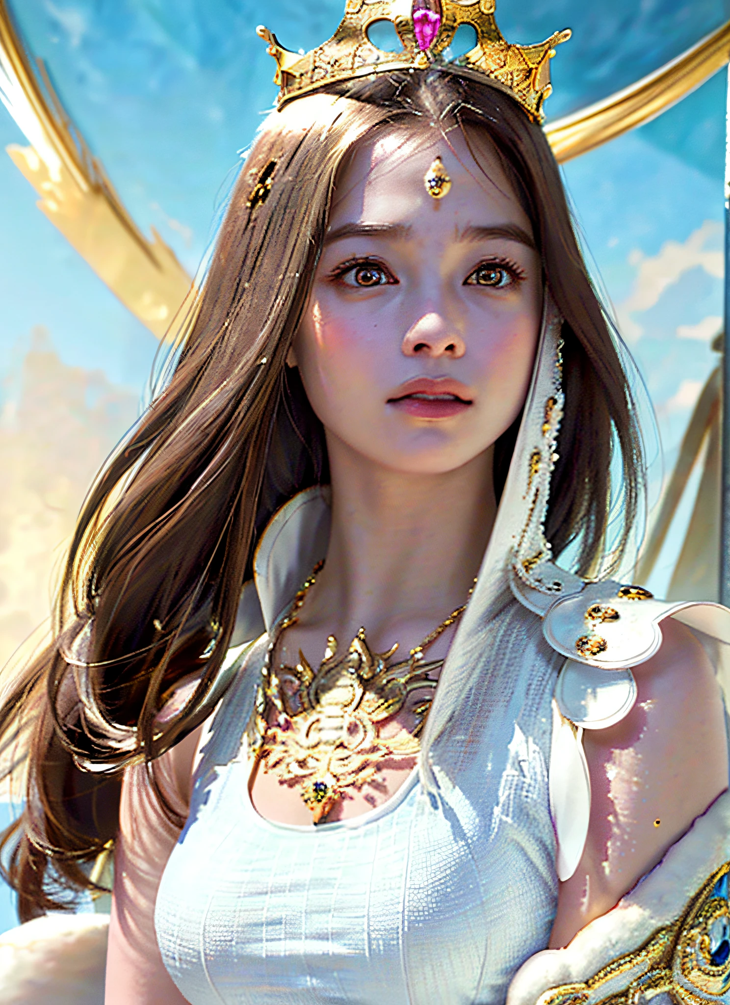Ultra-detailed complex 3D rendering of the face, (big breasts: 7.8), glamour shot full body image, braless, long hair, viewer watch, wearing intricate super armor, barefoot, armpits, (shiny skin),((Realistic lighting, top quality, 8K, masterpiece: 1.3)), clear focus: 1.2, 1 girl, perfect figure: 1.4, (cleavage), intricate detail, (warrior queen armorFur-lined cape, jeweled ultra-detailed big crown:1.2), big,, sexy swimsuit, (surreal), (high resolution), (8K), (very detailed), (beautiful detailed eyes), she emits soft and bright light and illuminates everything around her, light particles, ultra-detailed detail jewels, 1 girl, solo, long hair, wind, gorgeous face, top quality, masterpiece, Maximum detail, diffused lighting, (brown hair: 1.3), Valhalla Valkyrie, beauty, facial muscles