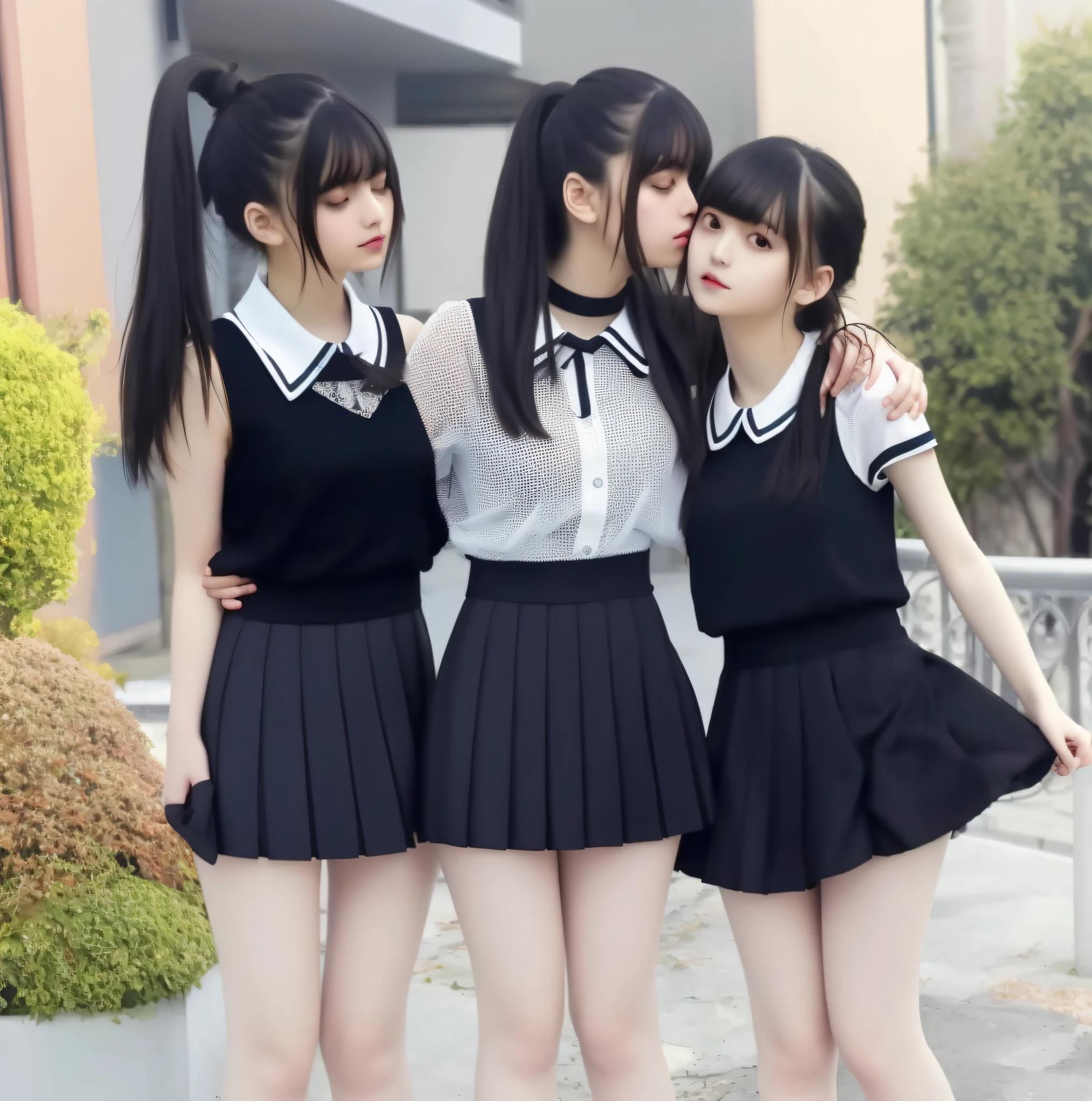 masterpiece, top quality, full body, bangs, black choker, 2girls, lily, lesbian kiss, kiss, (black hair), long hair, hug, cleavage, bountiful breasts, gym clothes, navy blue bloomers, slim, see-through, micro mini skirt, pleated skirt, loli,