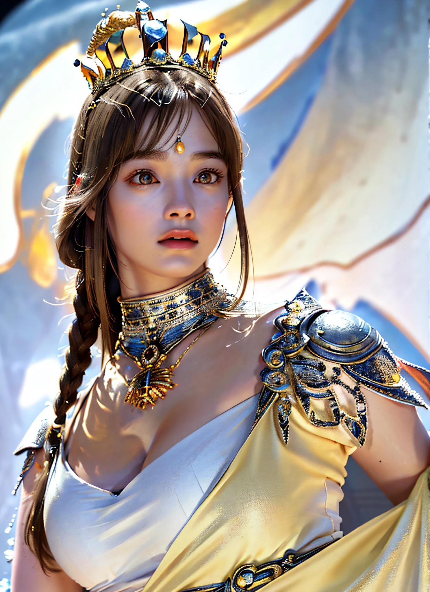 Ultra-detailed complex 3D rendering of the face, (big breasts: 7.8), glamour shot full body image, braless, long hair, viewer watch, wearing intricate super armor, barefoot, armpits, (shiny skin),((Realistic lighting, top quality, 8K, masterpiece: 1.3)), clear focus: 1.2, 1 girl, perfect figure: 1.4, (cleavage), intricate detail, (warrior queen armorFur-lined cape, jeweled ultra-detailed big crown:1.2), big,, sexy swimsuit, (surreal), (high resolution), (8K), (very detailed), (beautiful detailed eyes), she emits soft and bright light and illuminates everything around her, light particles, ultra-detailed detail jewels, 1 girl, solo, long hair, wind, gorgeous face, top quality, masterpiece, Maximum detail, diffused lighting, (brown hair: 1.3), Valhalla Valkyrie, beauty, facial muscles