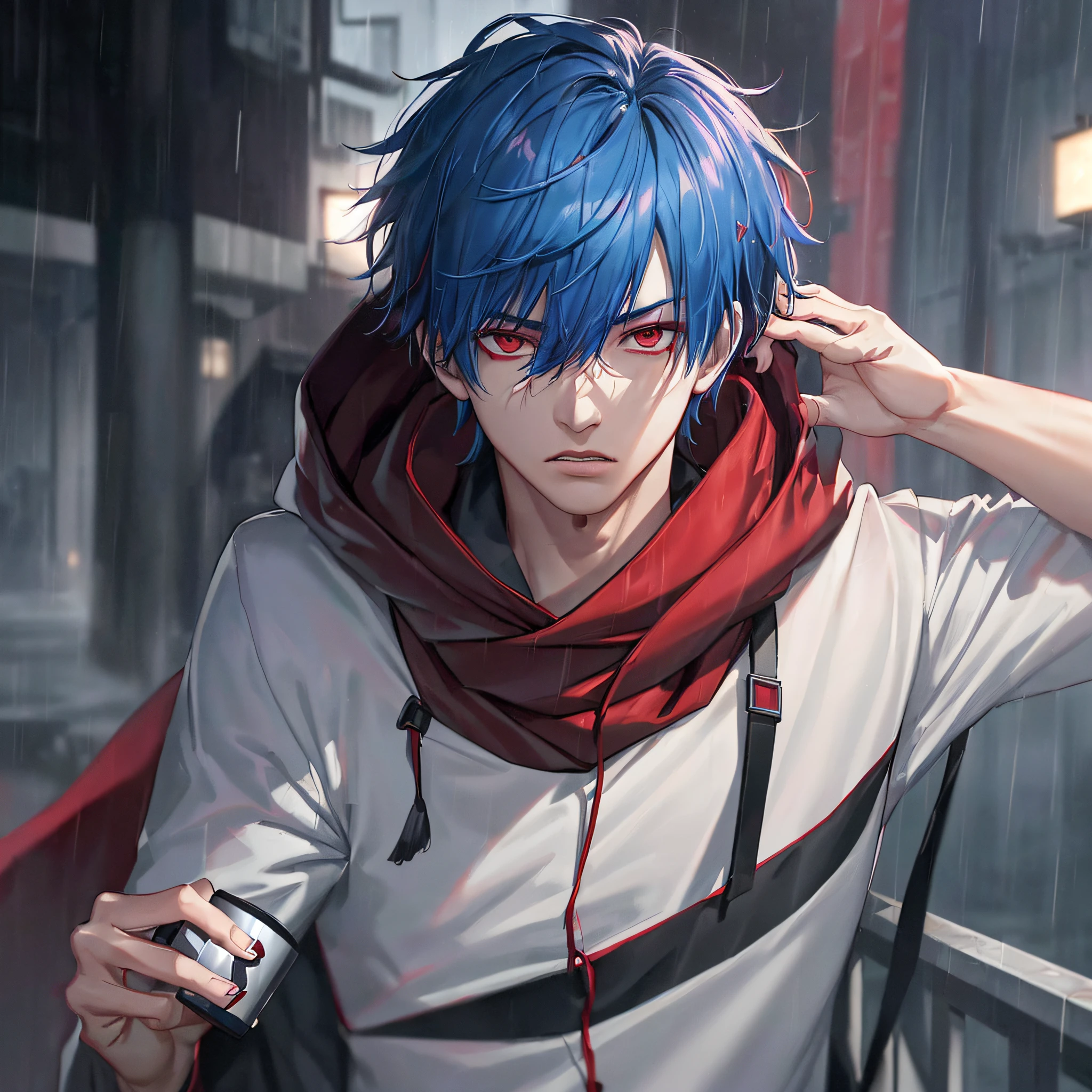 kk, best quality, more details, mastery, 1boy, kaneki ken, portrait, male focus, red eyes, solo, bangs, looking at viewer, hood, short hair, rain, tokyo tokyo (city\), bandana, nail polishing, blue hair, luxury, 8k, details, ray tracing, depth of field, cinema lighting,