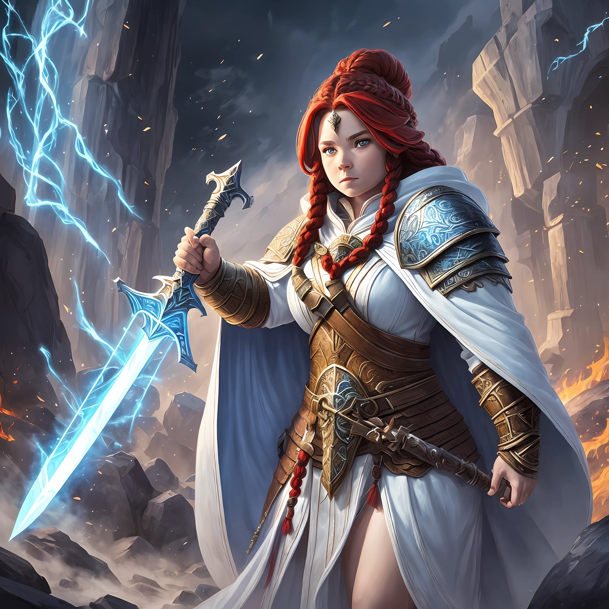 full body, dwarf, female, with long red braids, epic, cleric casting a divine spell epic , wearing a white heavy armor and blue cloak epic, intense details, armed with a sword with sigils epic  dnd art --auto --s2