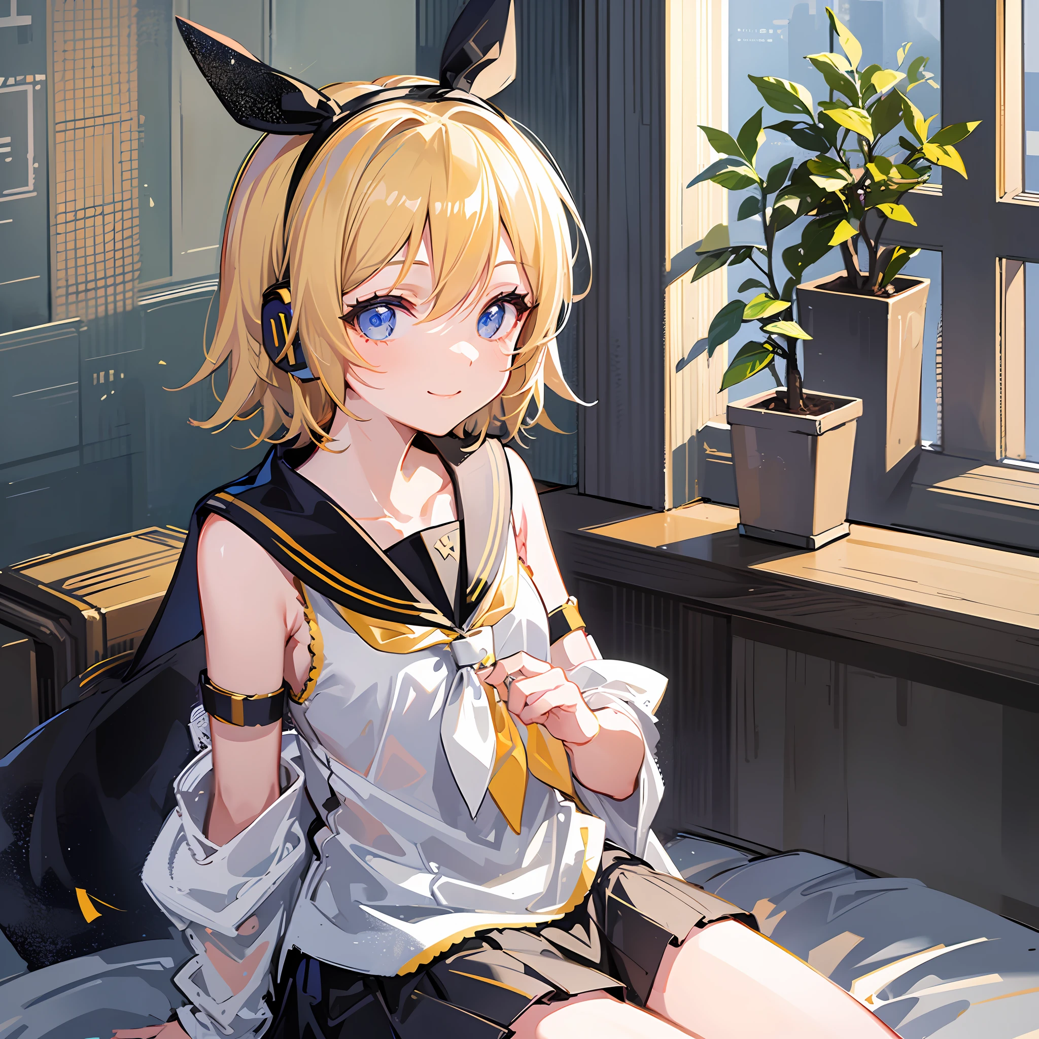 (masterpiece), (best quality), (illustration), (super detailed), (high resolution), absurdity, one girl, (Kagamine_Rin), (Vocaloid), shoulders are cut off, short hair, hair clip, little red cheeks, (blonde), very cute girl, small, young, loli, cute, she, smile, best moment, sailor suit in white tones, black shorts, Yellow neckerchief, (white hair ribbon), belt, black headphones, blue eyes, lively eyes, bright eyes, cool cute, sitting on bed, bedroom, sunlight, smile, innocence, still growing, innocent