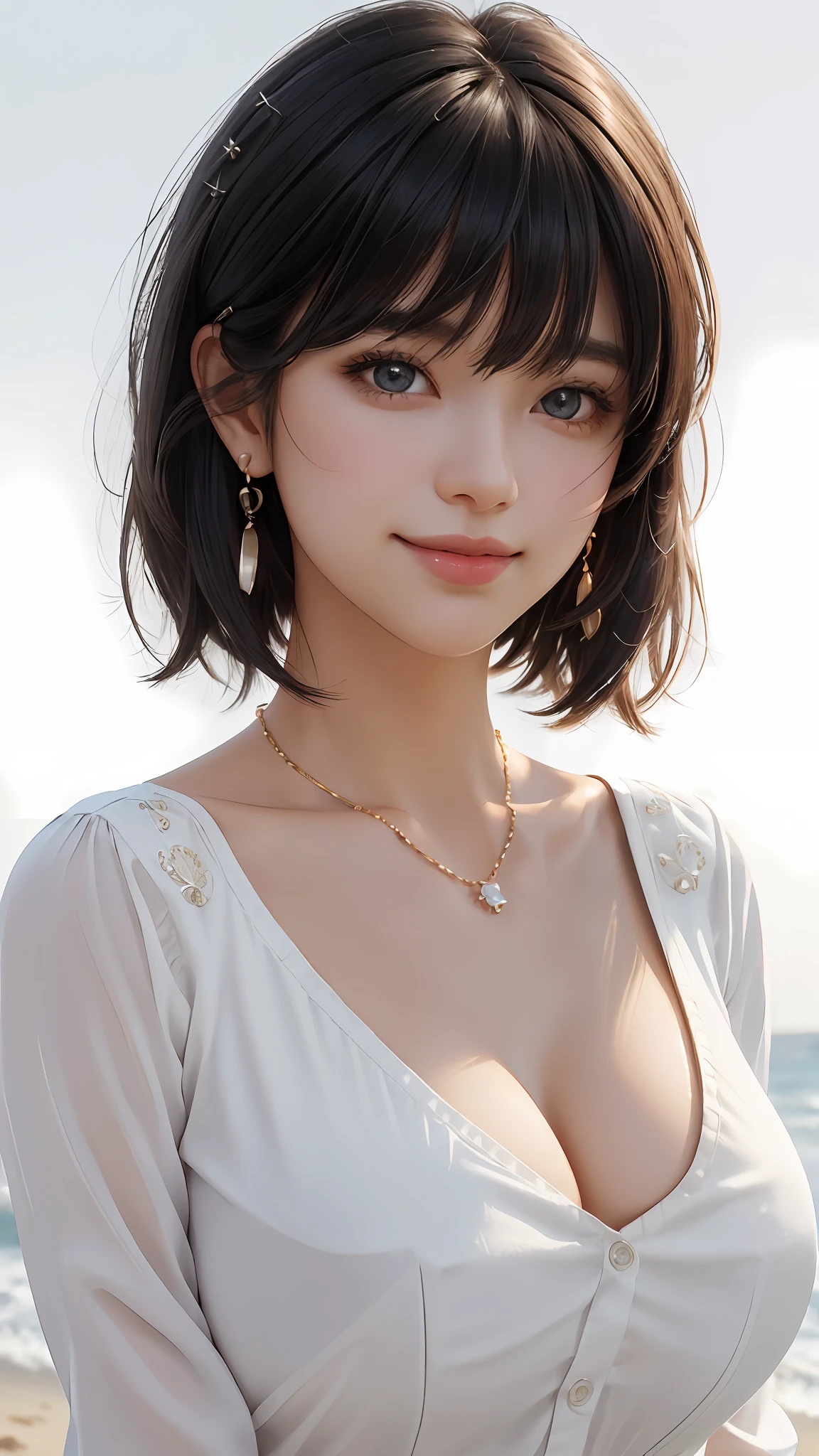(Masterpiece:1.3), (8K, Photorealistic, RAW Photography, Best Quality: 1.4), Japan People, (1 Girl), Beautiful Face, (Realistic Face), (Black Hair, Short Hair:1.3), Beautiful Hairstyle, Realistic Eyes, Beautiful Details, (Realistic Skin), Beautiful Skin, Attractive, Ultra High Definition, Ultra Realistic, High Detail, Golden Ratio, (Fatal Face:1.2), Look at the Beholder,Smile, Open white shirt,middle chest,standing,hands on hips,one beautiful woman shouldered out shirt,(Open all buttons:1.1), big breasts, deep cleavage, top quality, masterpiece, illustration, very delicate and beautiful, very detailed, CG, unity, 8K wallpaper, amazing, fine details, highly detailed CG Unity 8K wallpaper, huge file size, very detailed, high resolution, Handsome Detail Woman, Highly Detailed Big Eyes and Face, Amazing Detailed Eyes, Face Light, (Best Illustration: 1.1), Ultra High Resolution, (Photoreal: 1.1), (Photoreal: 1.2:1.1), Realistic Face Proportions, Slender, Smile, (Makeup: 0.4), (Fluffy Light Colored Eyes: 1.21), Light Colored Eyes, Round Eyes, Look at the Beholder, Dark Brown Hair, Earrings, necklaces, hairpins, (irregular irregular skin defects, veins, wrinkled pores on the skin: 1.2), white background, (bokeh: 1.4), very short hair, short bob, oil on skin, oil on the face, gloss on the skin, gloss on the face, gloss on the lips, gloss on the chest, gloss on the chest, glossy skin, smile, smile, beautiful teeth, beautiful bangs, beautiful collarbone, long neck, big eyes, clear eyes, Clear double eyelids, ears out, outrageously cute, overwhelming beauty, highlights in the eyes, thick bangs, bangs