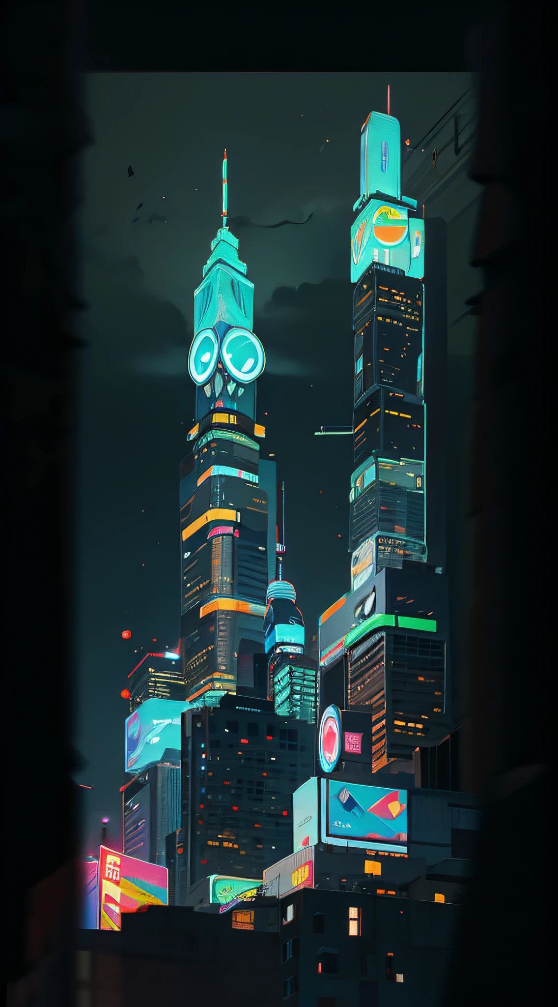 City night view, high-rise buildings, neon flashing, exquisite, giant billboards