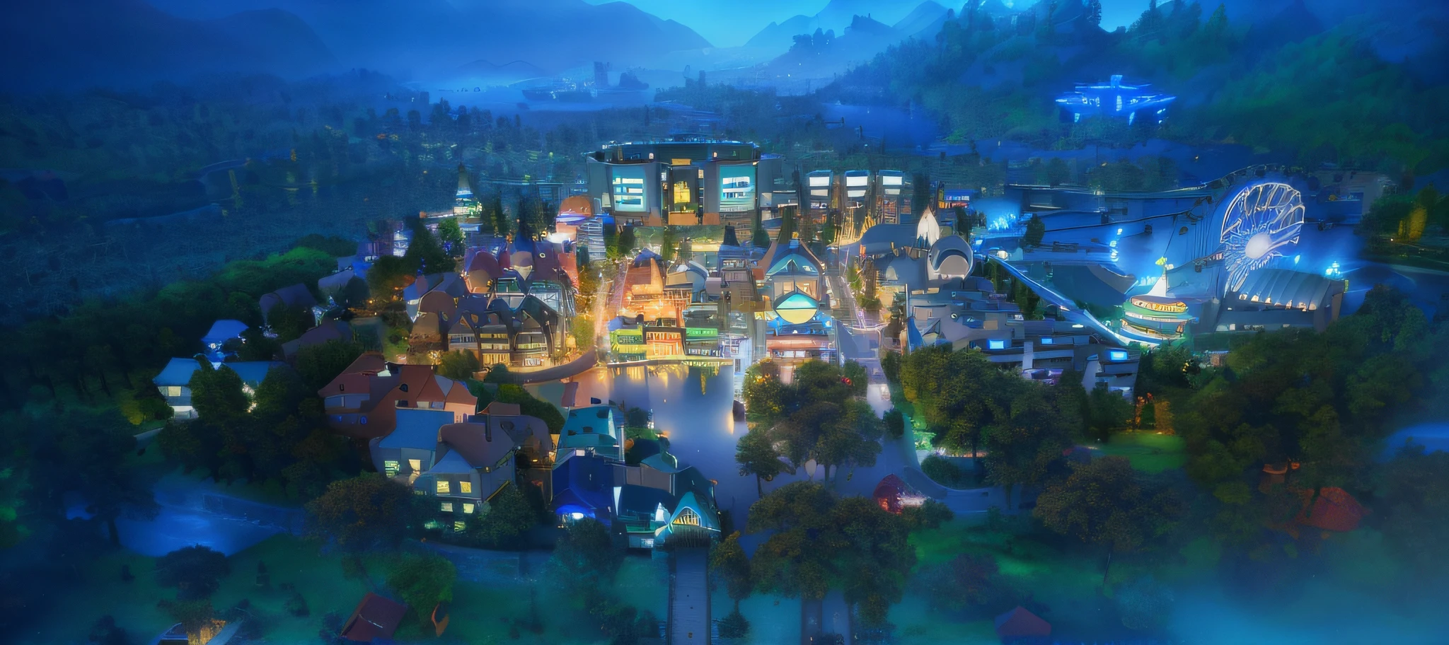 arafed view of a town with a ferris wheel and a ferris wheel, pixar rendering, detailed photo of virtual world, pixar film setting, screenshot from simcity pc game, pixar zootopia. 3 d rendering, disney render, nighttime foreground, render in pixar, town center background, sims 4 screenshot, resort, nightime village background, pixar 3d render