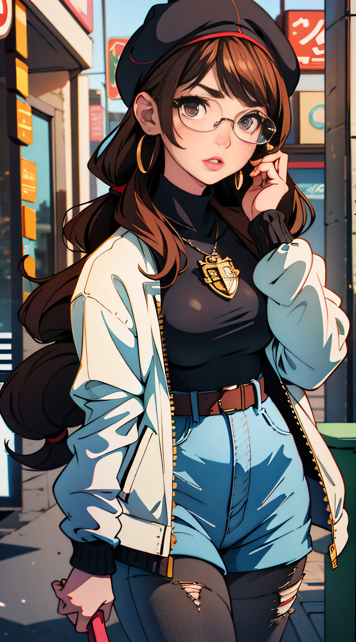 2 friends, college background, girl 1:(Dark brown hair, bangs fastened with a hair accessory, black eyes, taller, medium breasts, dressed in cream pants, black coptop and fuccia jacket), Girl 2:(Brown hair, bangs, brown eyes, red lips, shorter stature, glasses, black beret, dressed in black blouse, pastel light blue cardigan, black jeans, pearl earrings). Both taking bubble tea,