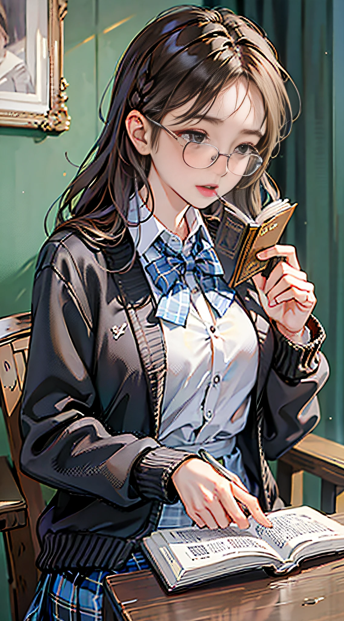 (8k, RAW photo, high sensitivity, best quality, very detailed hair, masterpiece, super high resolution, fidelity: 1.25) kr-pny, thin-framed glasses, front, double braids, split bangs, 1girl, school uniform, dark gray cardigan jacket, dark gray blazer, pleated skirt, plaid skirt, gray blonde hair, big breasts, golden round frame glasses, reading, shy and quiet girl, looking away, holding a book,