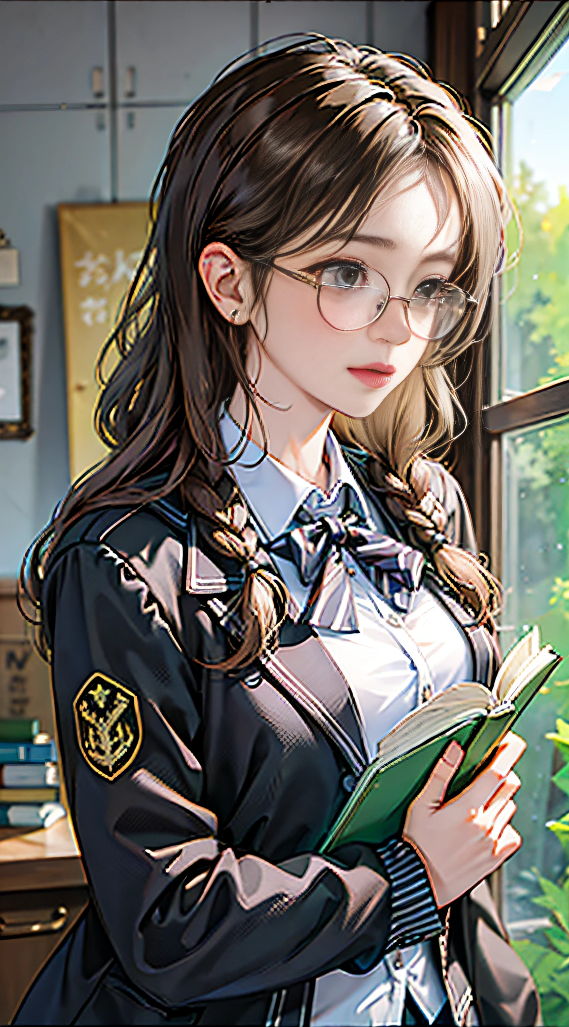 (8k, RAW photo, high sensitivity, best quality, very detailed hair, masterpiece, super high resolution, fidelity: 1.25) kr-pny, thin-framed glasses, front, double braids, split bangs, 1girl, school uniform, dark gray cardigan jacket, dark gray blazer, pleated skirt, plaid skirt, gray blonde hair, big breasts, golden round frame glasses, reading, shy and quiet girl, looking away, holding a book,