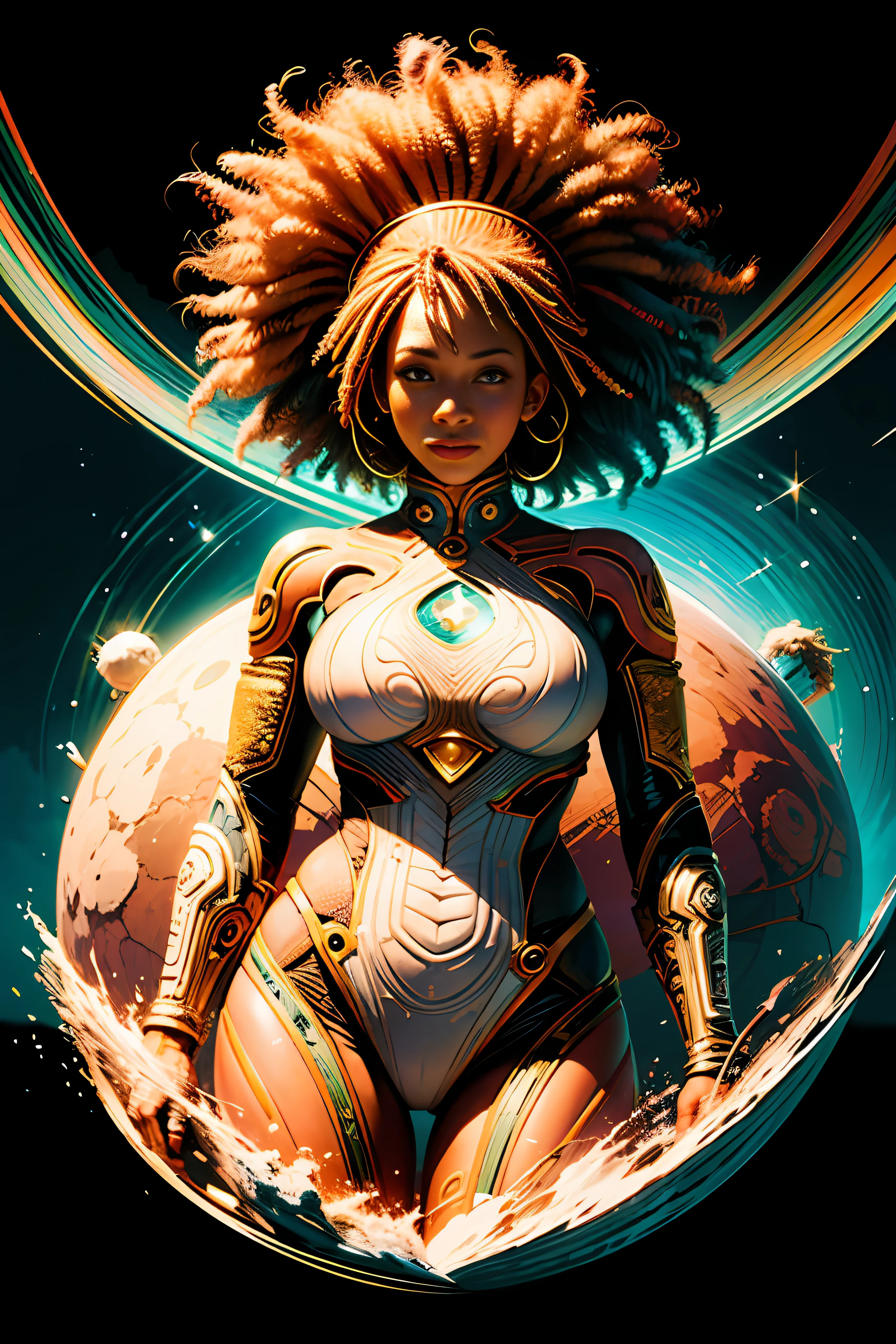 a wonderful afro-american woman, (official art, Unity 8K wallpaper, ultra-detailed, aesthetic, high quality, masterpiece, best quality), beautiful circular patterns, colorful, dynamic composition, hypnotic effect, detailed lines, fine details.