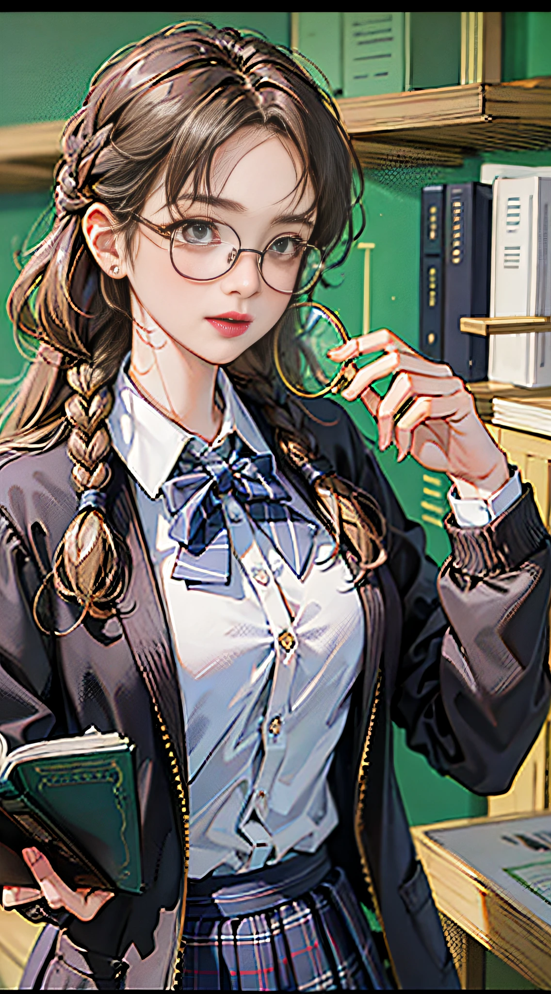 (8k, RAW photo, high sensitivity, best quality, very detailed hair, masterpiece, super high resolution, fidelity: 1.25) kr-pny, thin-framed glasses, front, double braids, split bangs, 1girl, school uniform, dark gray cardigan jacket, dark gray blazer, pleated skirt, plaid skirt, gray blonde hair, big breasts, golden round frame glasses, reading, shy and quiet girl, looking away, holding a book,