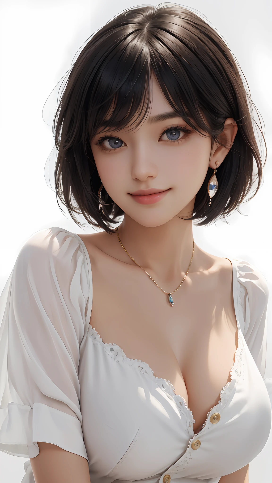 (Masterpiece:1.3), (8K, Photorealistic, RAW Photography, Best Quality: 1.4), Japan People, (1 Girl), Beautiful Face, (Realistic Face), (Black Hair, Short Hair:1.3), Beautiful Hairstyle, Realistic Eyes, Beautiful Details, (Realistic Skin), Beautiful Skin, Attractive, Ultra High Definition, Ultra Realistic, High Detail, Golden Ratio, (Fatal Face:1.2), Look at the Beholder,Smile, Open white shirt,middle chest,standing,hands on hips,one beautiful woman shouldered out shirt,(Open all buttons:1.1), big breasts, deep cleavage, top quality, masterpiece, illustration, very delicate and beautiful, very detailed, CG, unity, 8K wallpaper, amazing, fine details, highly detailed CG Unity 8K wallpaper, huge file size, very detailed, high resolution, Handsome Detail Woman, Highly Detailed Big Eyes and Face, Amazing Detailed Eyes, Face Light, (Best Illustration: 1.1), Ultra High Resolution, (Photoreal: 1.1), (Photoreal: 1.2:1.1), Realistic Face Proportions, Slender, Smile, (Makeup: 0.4), (Fluffy Light Colored Eyes: 1.21), Light Colored Eyes, Round Eyes, Look at the Beholder, Dark Brown Hair, Earrings, necklaces, hairpins, (irregular irregular skin defects, veins, wrinkled pores on the skin: 1.2), white background, (bokeh: 1.4), very short hair, short bob, oil on skin, oil on the face, gloss on the skin, gloss on the face, gloss on the lips, gloss on the chest, gloss on the chest, glossy skin, smile, smile, beautiful teeth, beautiful bangs, beautiful collarbone, long neck, big eyes, clear eyes, Clear double eyelids, ears out, outrageously cute, overwhelming beauty, highlights in the eyes, thick bangs, bangs
