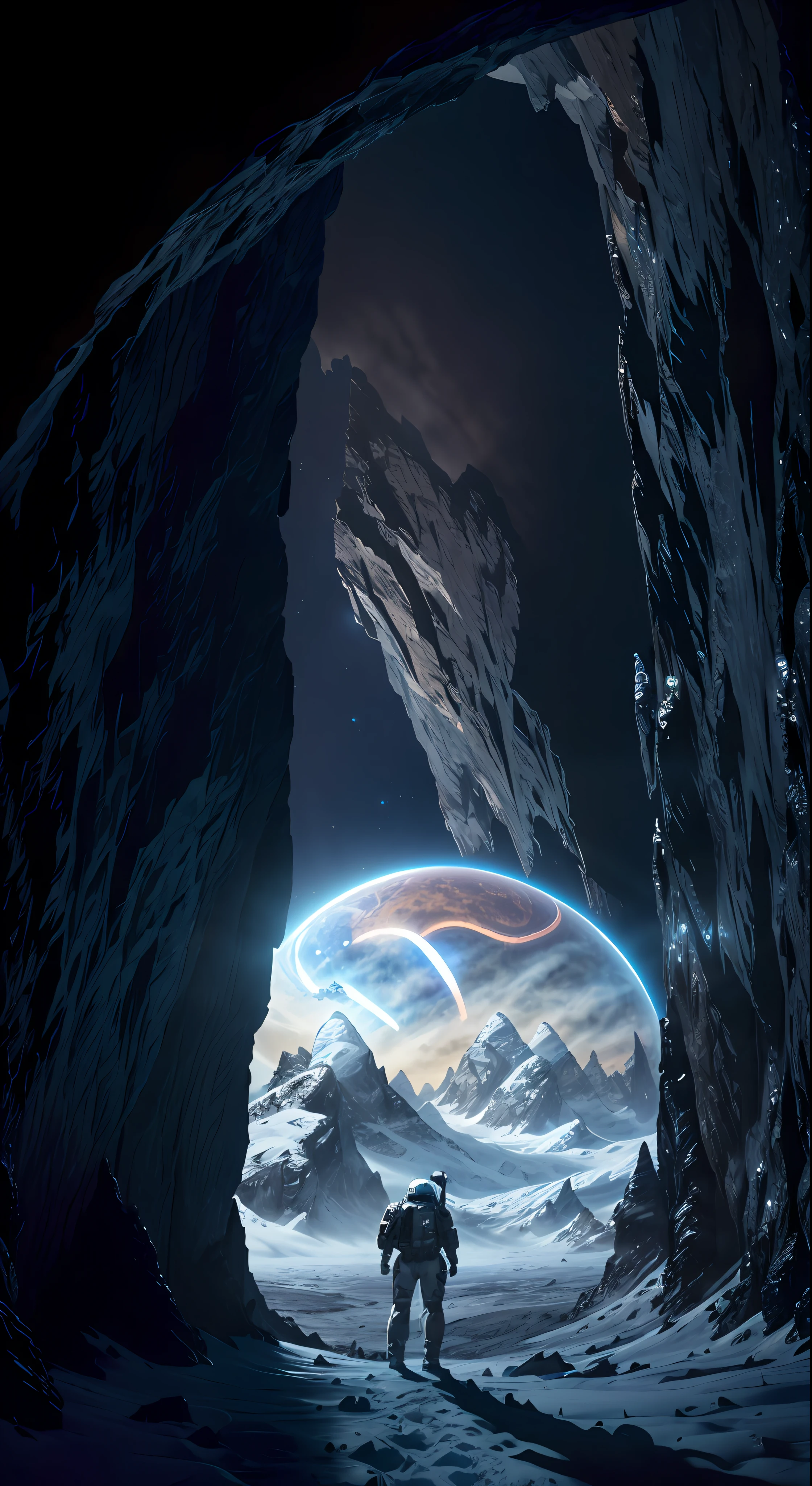 (35mm: 1.2), highly detailed color photo in RAW format, rear corner, full body (male space marine, dressed in a metal robo spacesuit, futuristic helmet, tinted face shield, rebreather, accentuated wide back), the planet is completely covered by icy cold (standing on the abyss of a high rocky mountain, looking at a dark icy landscape, and a dome is visible in the distance, on an alien planet), gloomy details, (alien planet), toned body, (Sci-Fi), (Mountains:1.1), (Ice Pillars), (Two Moons in the Sky:0.8), (High Detail, Hyper-Detailed, Intricate), (Lens Flare:0.7), Particle Effects, Ray Tracing, Cinematic Lighting, Shallow Depth of Field, Photographed on Sony a9 II, 35mm wide-angle lens, sharp focus, cinematic still from the 2013 film Gravity, rear view, dynamic angle