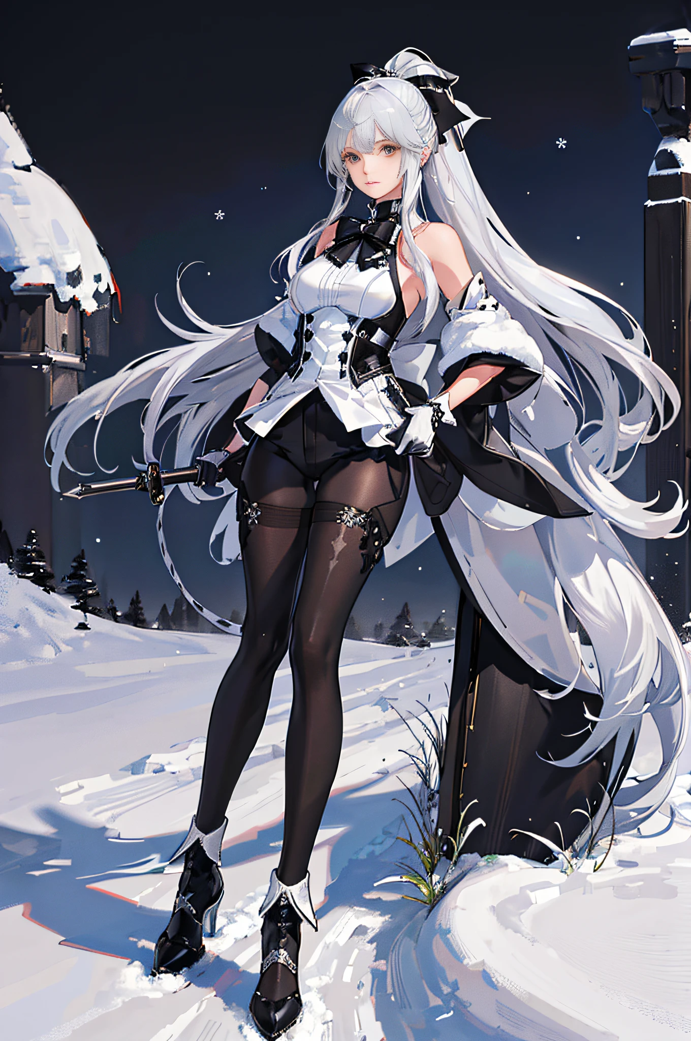 (((1 girl)),[detailed background (in the snow)), holding a long sword in his hand, ((silver hair)), ((silver hair)), (silver hair)), (fluffy silver hair, plump and slim girl)) with a high ponytail))) (((girl wearing intricately embroidered black high-waisted pants with pantyhose) and white ruffled bow gloves), showing a delicate slim figure and graceful curves, correct limbs