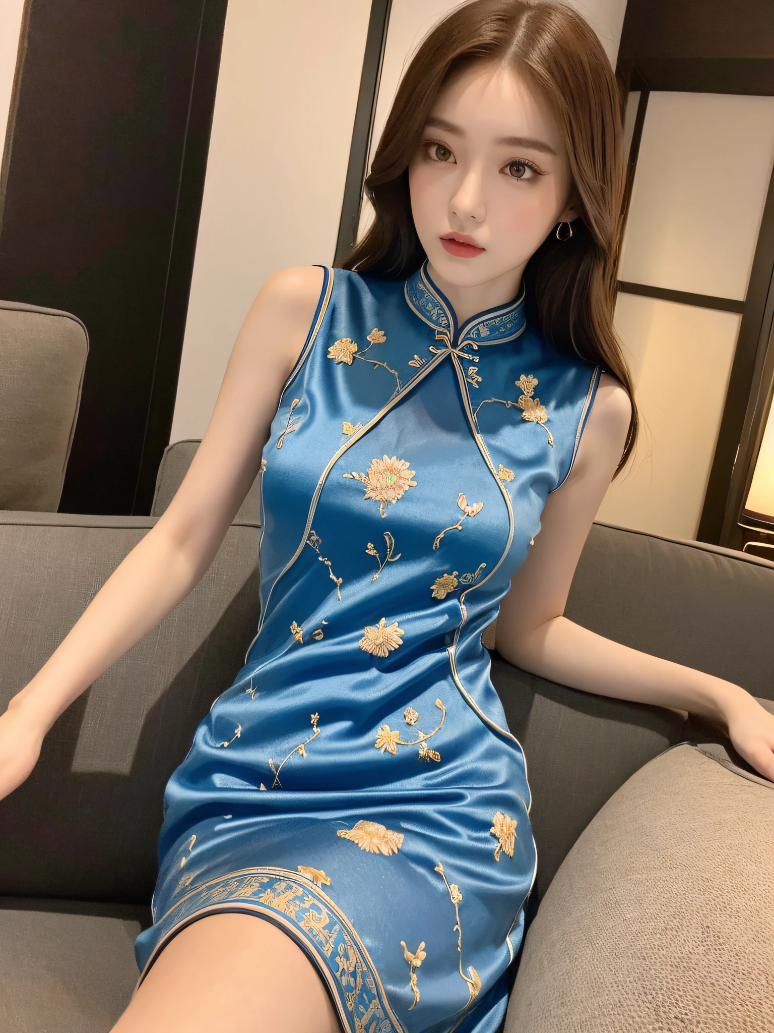 ((Night view, realistic light, best quality, 8k, masterpiece: 1.3)), 1girl, beautiful woman with slim figure, brown hair, wearing light blue cheongsam, embroidered phoenix pattern, sleeveless, sexy, split end, long legs, sofa, super detailed face, detailed eyes, double eyelids