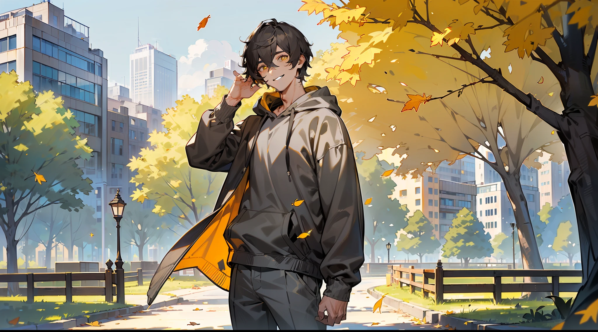 masterpiece, best quality, ultra realistic, photorealistic, high quality, human, mature handsome male, (((solo))), (male focus), ((mature)), ((black)) short hair, hair between eyes, slim, ((yellow pupils)), glowing pupils, detailed eyes, front view, (clothing, (topwear: ((dark-gray hoodie), bottomwear:(pants: dark gray)), standing, detailed clothing, coat collar, tall, smiling, (((city park))), trees, falling leaves, (detailed background), extremely detailed