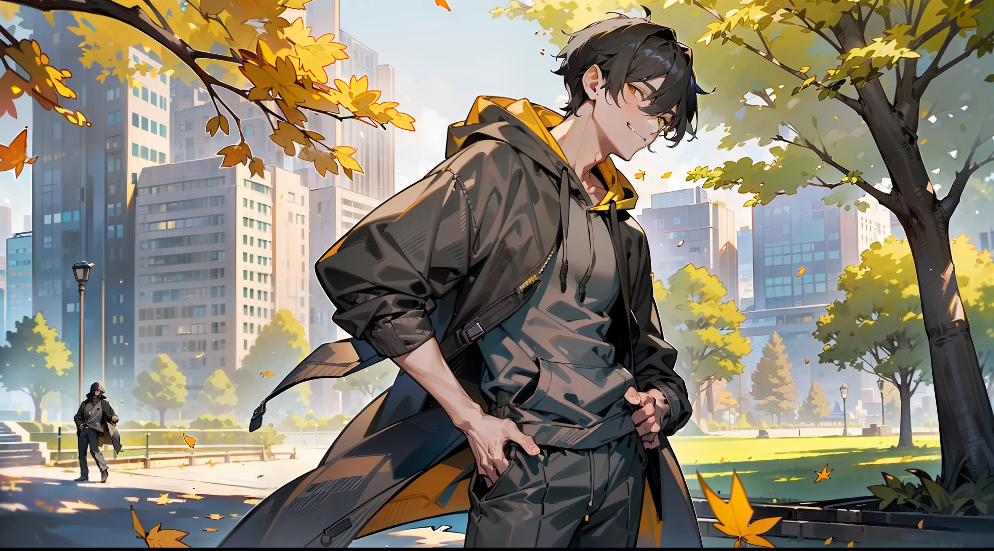 masterpiece, best quality, ultra realistic, photorealistic, high quality, human, mature handsome male, (((solo))), (male focus), ((mature)), ((black)) short hair, hair between eyes, slim, ((yellow pupils)), glowing pupils, detailed eyes, front view, (clothing, (topwear: ((dark-gray hoodie), bottomwear:(pants: dark gray)), standing, detailed clothing, coat collar, tall, smiling, (((city park))), trees, falling leaves, (detailed background), extremely detailed