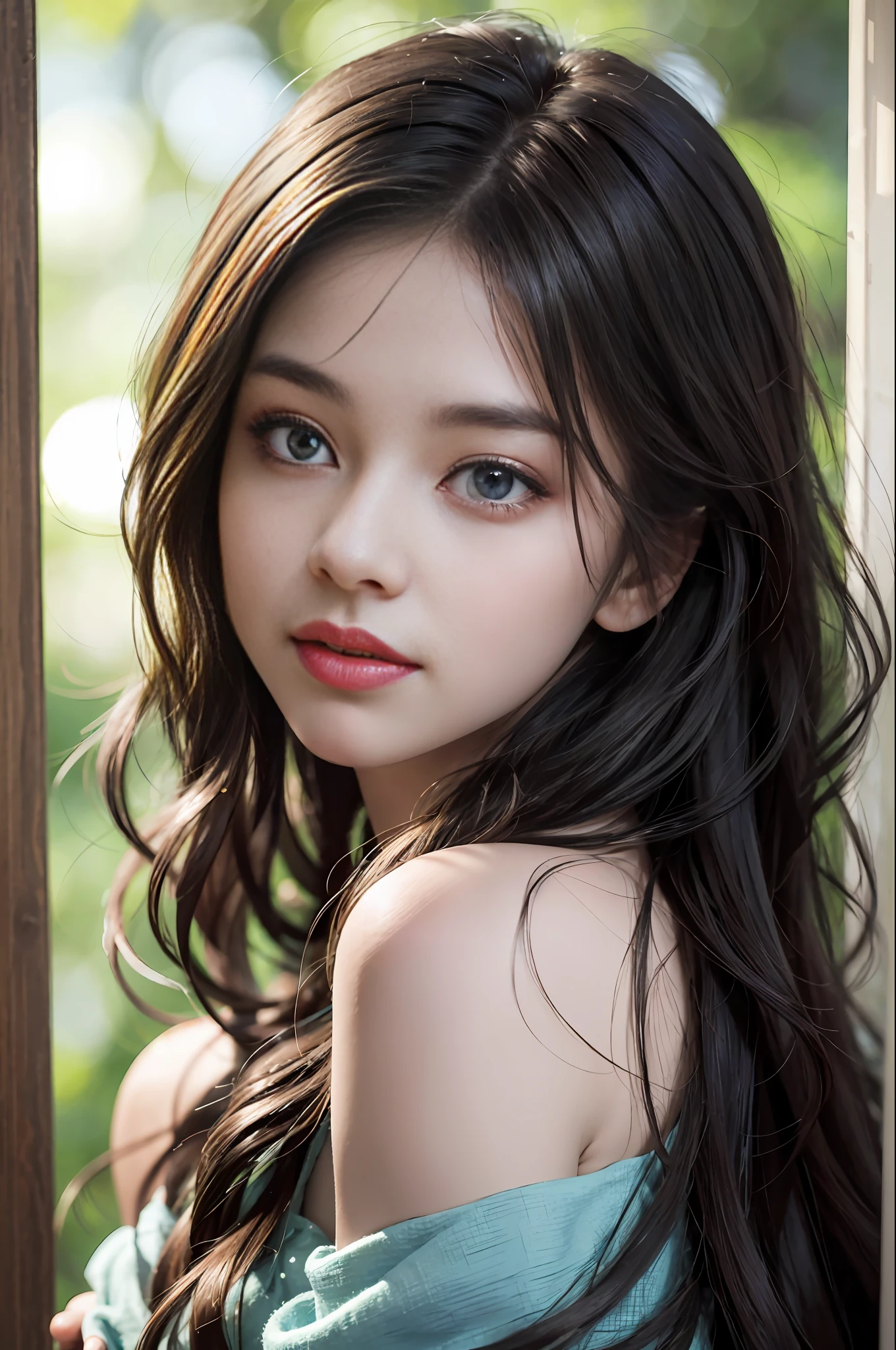film portrait photography, 1girl, bare shoulders, wavy shoulder-length hair, serene, calm, (realistic detailed eyes, natural skin texture, realistic face details), soft dramatic lighting, depth of field, bokeh, vibrant details, finely detailed, hyperrealistic, 35mm film, hazy blur, filmg,