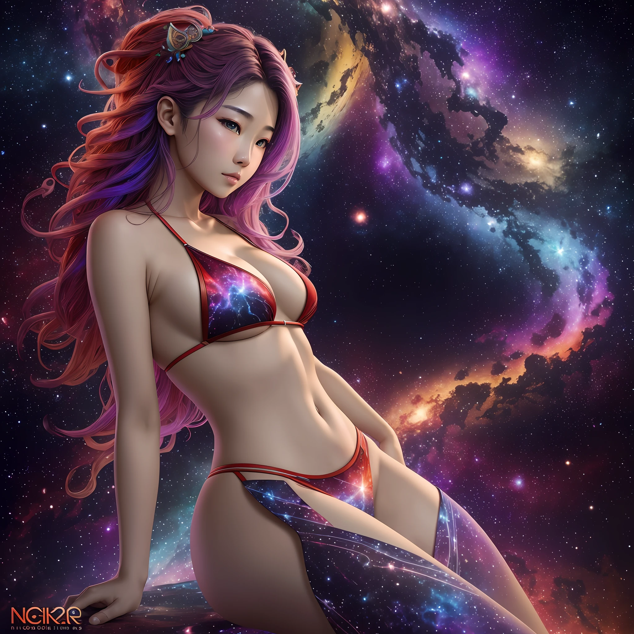 photo galaxy, spiral, universe, nebula, stars, smoke, rainbow colors, intricate details, rabbit shape, octane rendering, 8K hyper realistic and realistic texture, unrealistic natural lighting engine, cinestir 800, (35mm lens), arafed asian woman in red bikini posing for photo, young sensual gravure idol, Japan model --auto --s2