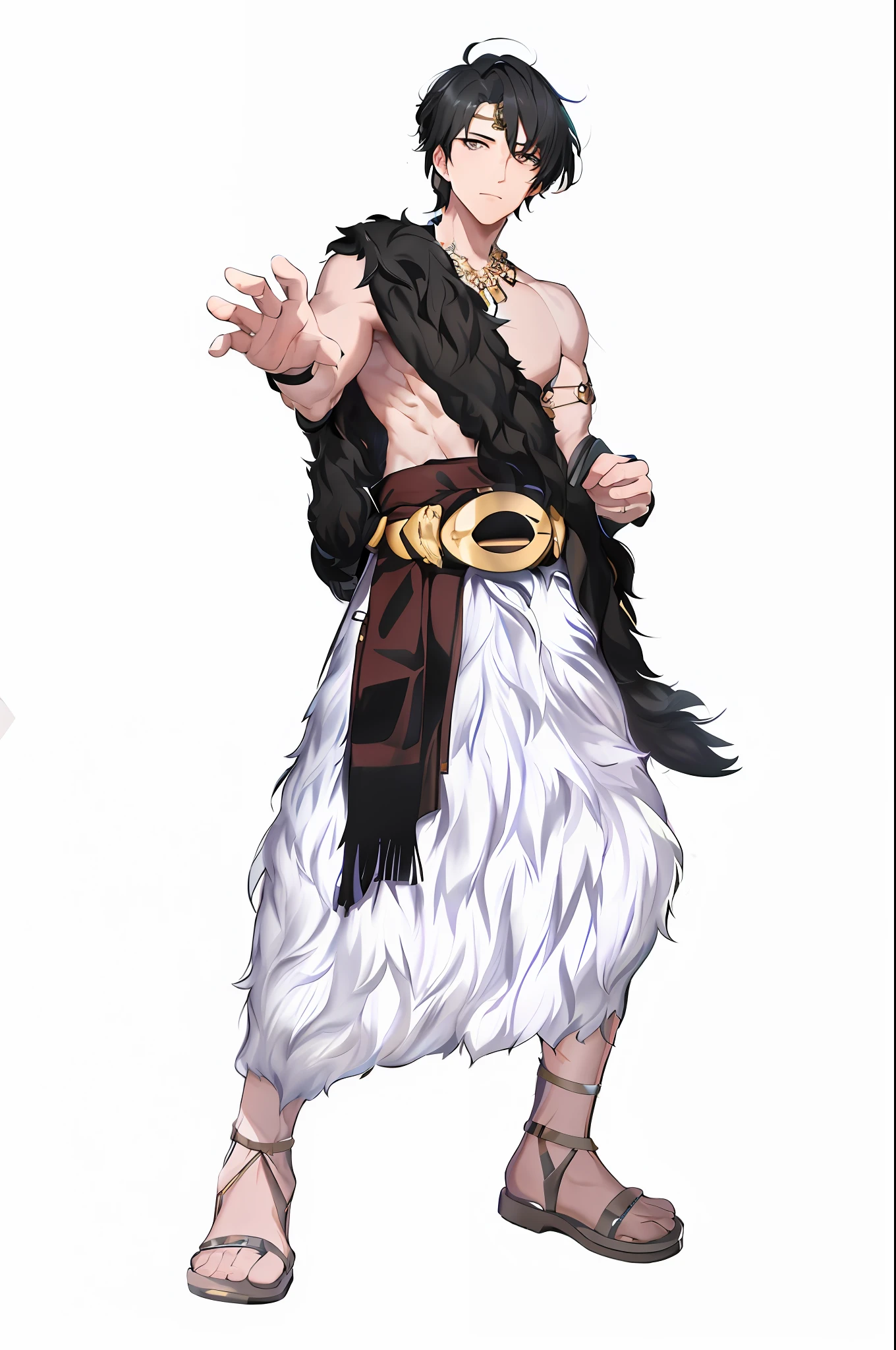 Masterpiece, best quality, handsome male face, black eyes, 1 male, white background, white fur long skirt, (medium distribution type_1.5), gold necklace, gold belt, black fur, wearing straw shoes, ancient, Sumerian civilization