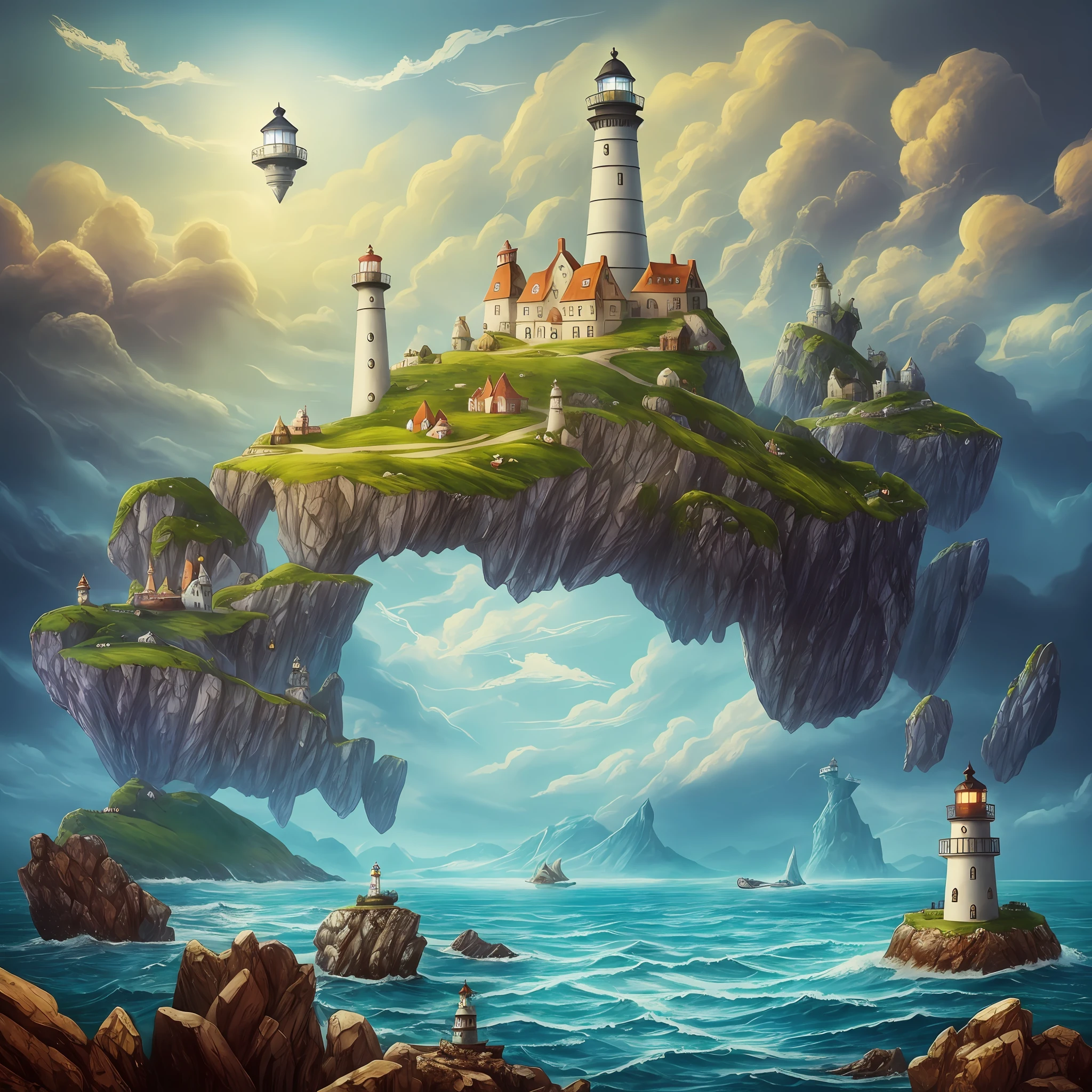 there is a lighthouse and a castle on a rock in the ocean, alexander jansson style, inspired by Alexander Jansson, roger dean and alexander jansson, by Alexander Jansson, magic realism matte painting, fantasy matte painting，cute, whimsical fantasy landscape art, jacek yerka and vladimir kush, surreal concept art, beautiful render of a fairytale --auto --s2