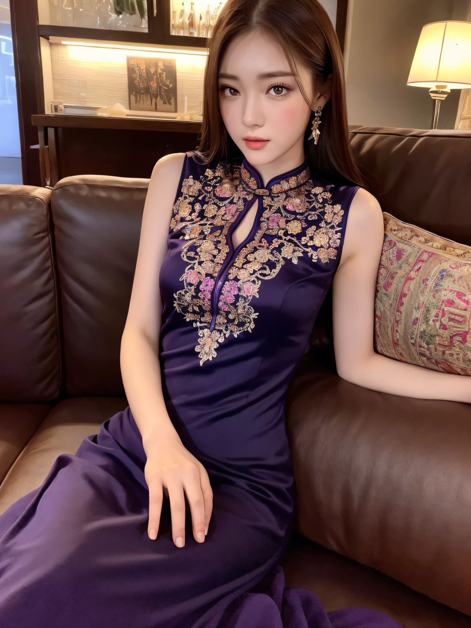 ((Night view, realistic light, best quality, 8k, masterpiece: 1.3)), 1girl, beautiful woman with slim figure, brown hair, wearing purple cheongsam, embroidered, sleeveless, sexy, split end, long legs, sofa, super detailed face, detailed eyes, double eyelids
