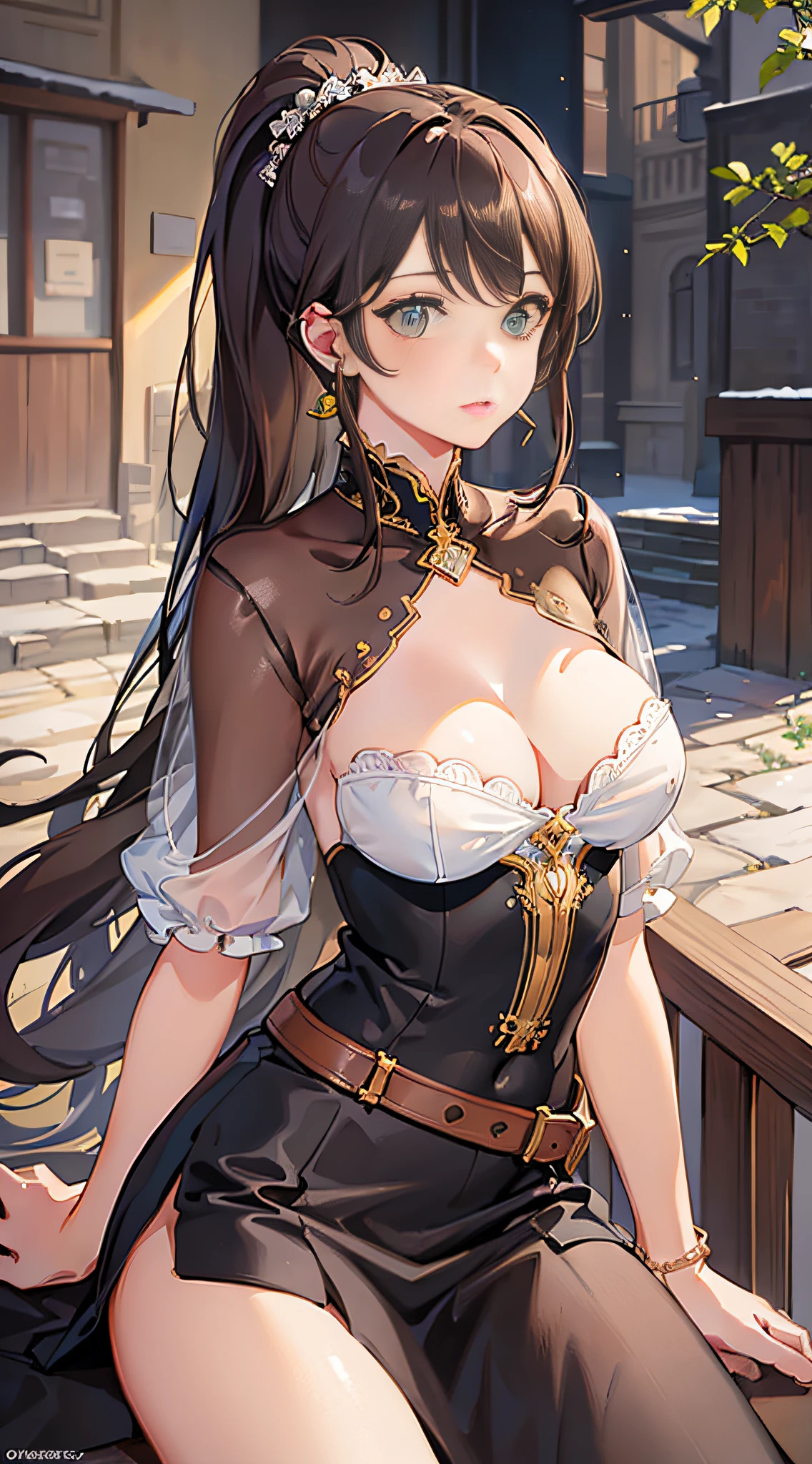 (masterpiece:1.2, best quality), (finely detailed beautiful eyes: 1.2), a girl with a brown ponytail, green eyes, big breasts, only 1 girl, age 20, skirt
