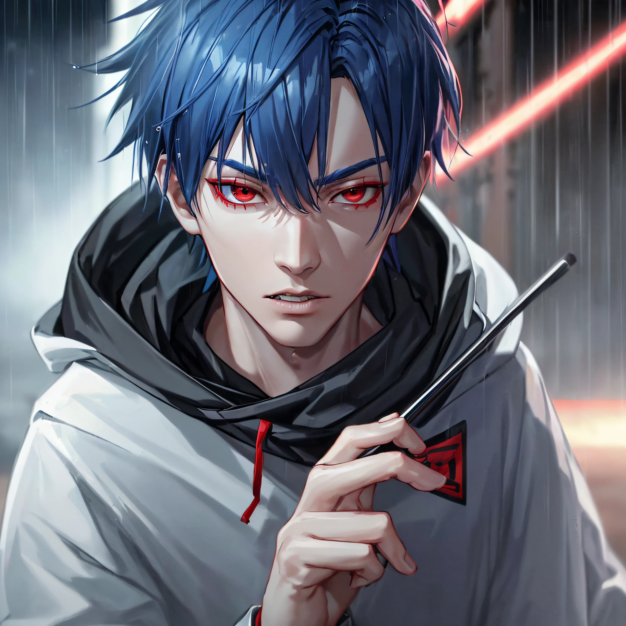 kk, best quality, more details, mastery, 1boy, kaneki ken, portrait, male focus, red eyes, solo, bangs, looking at viewer, hood, short hair, rain, tokyo tokyo (city\), bandana, nail polishing, blue hair, luxury, 8k, details, ray tracing, depth of field, cinema lighting,