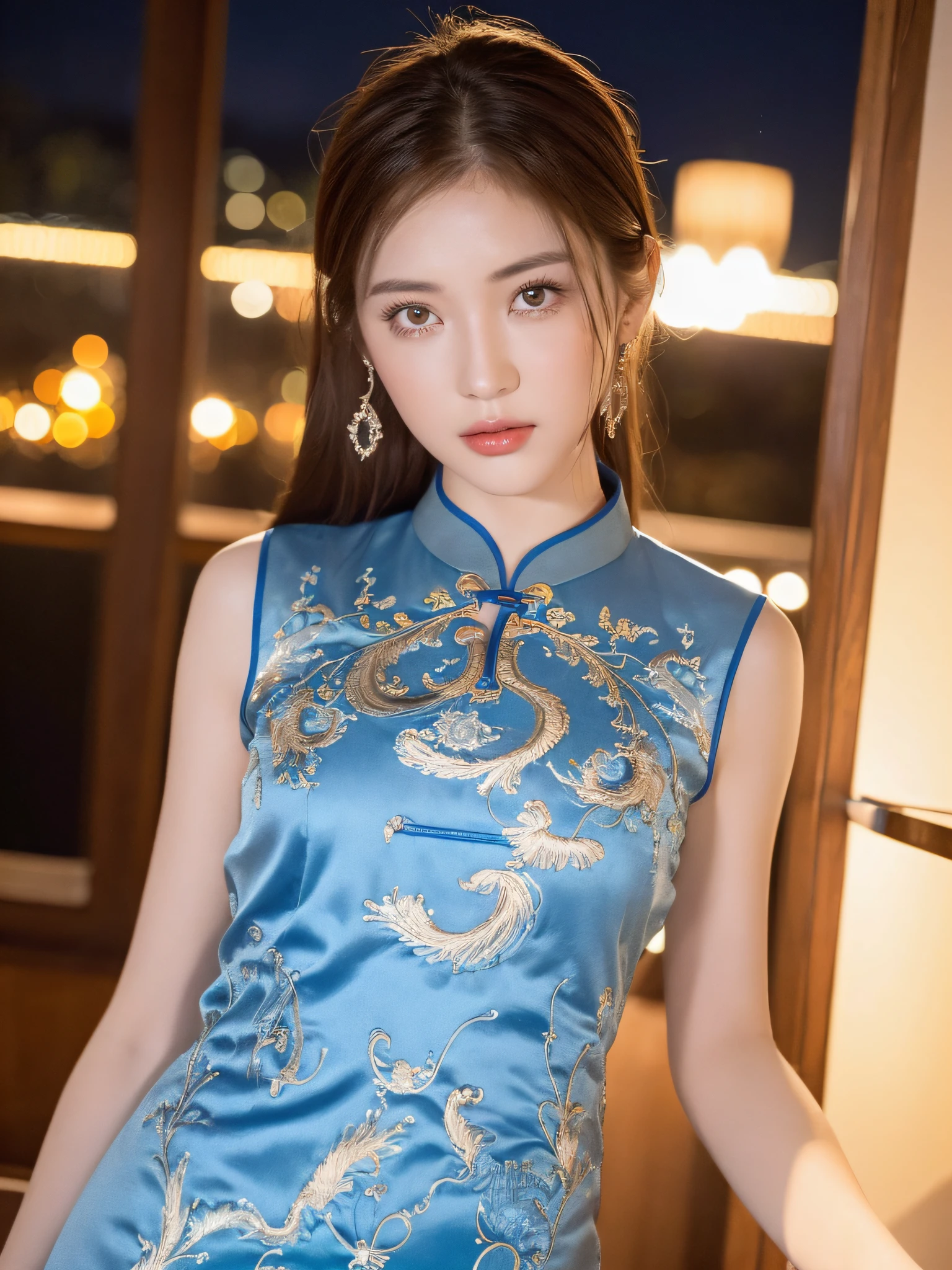 ((Night view, realistic light, best quality, 8k, masterpiece: 1.3)), 1girl, beautiful woman with slender figure, brown hair, wearing light blue cheongsam, embroidered phoenix pattern, sleeveless, sexy, split end, long legs, super detailed face, detailed eyes, double eyelids