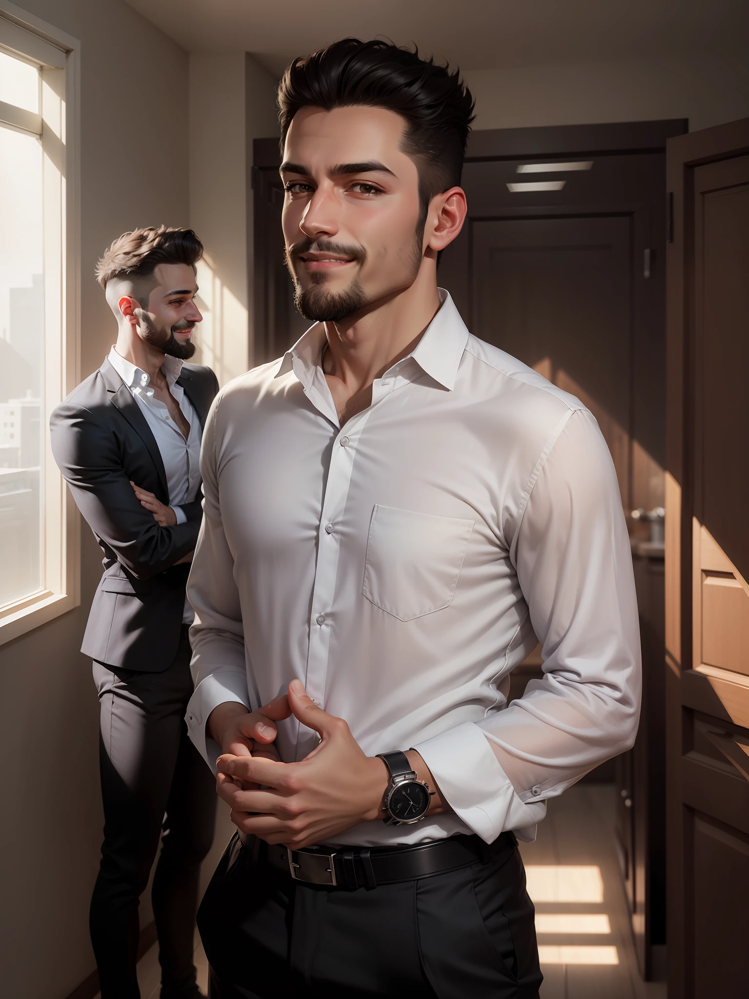 arafed man in a gray shirt and black pants standing against a white wall, wearing a linen shirt, with a small beard, wearing a light shirt, wearing in shirt, full body picture, without beard, well-groomed model, around 1 9 years old, competition winning, taken in the early 2020s, with a cool pose, professional picture, ((smile))