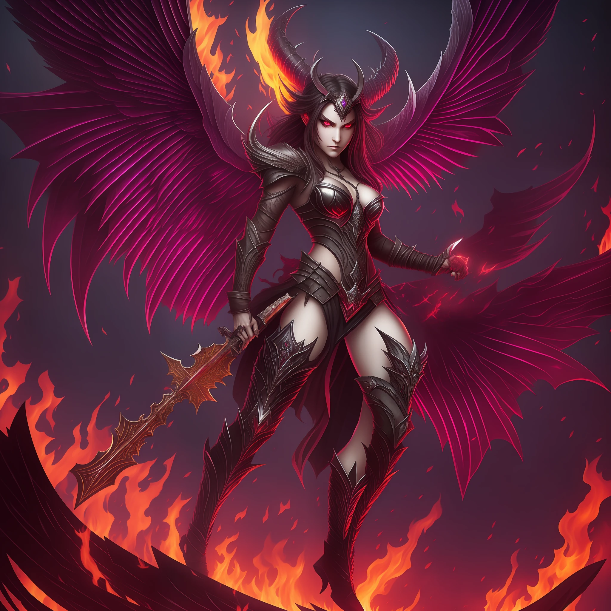 A Demon woman with a deformed and rotting face, purple eyes, with double wings, holding a double-bladed weapon, surrounded by red flames with black