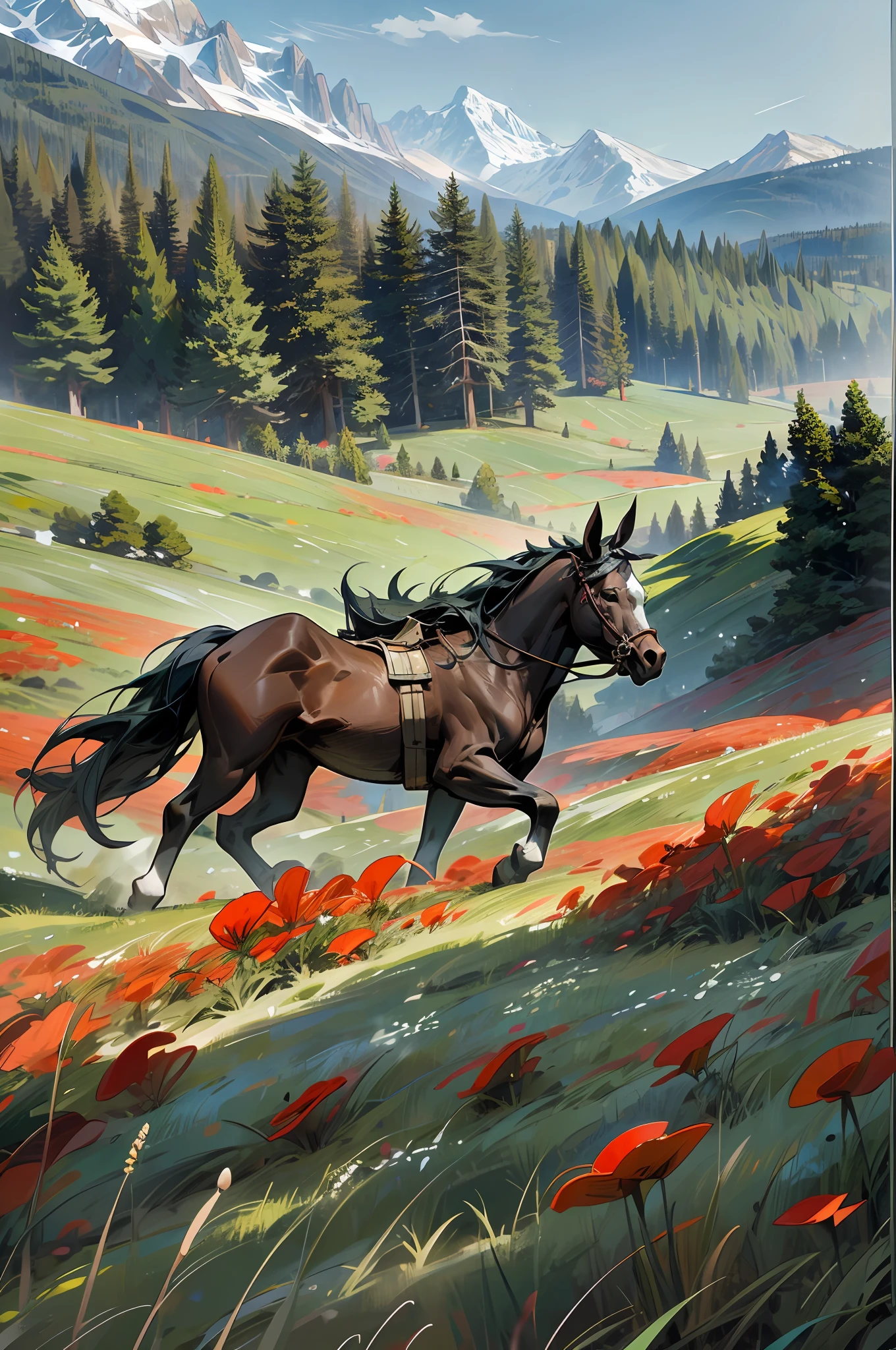 Two horses running freely in a meadow of green grass and red poppies. In the background there are large rocky mountains covered with snow. Hyper-detailed, high quality, photorealistic, 8k --auto --s2