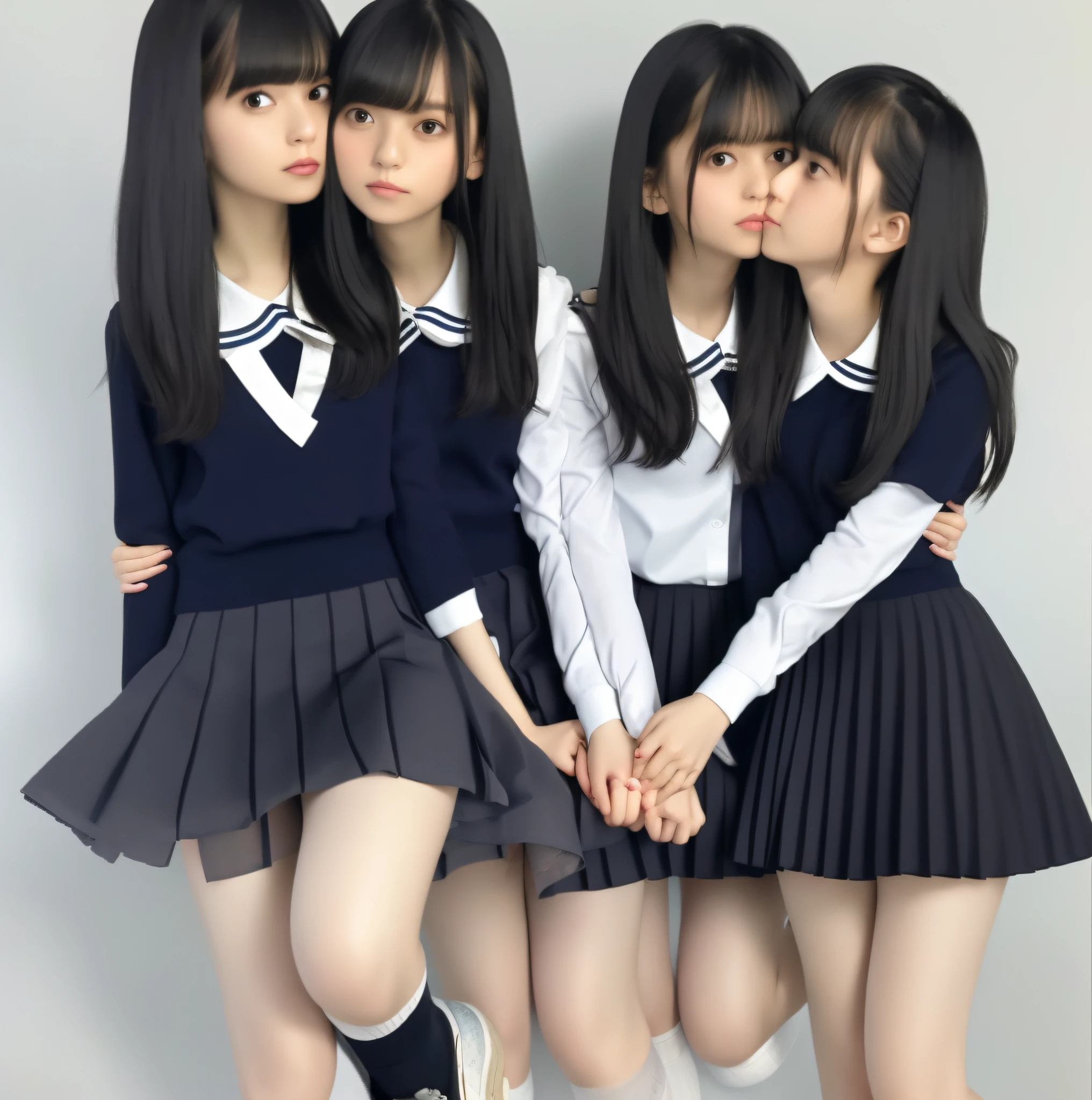 masterpiece, top quality, full body, bangs, black choker, 2girls, lilies, Lesbian kiss, kiss, (black hair), long hair, hug, cleavage, bountiful breasts, gym clothes, navy blue bloomers, slim, see-through, micro mini skirt, pleated skirt, li, liirl,