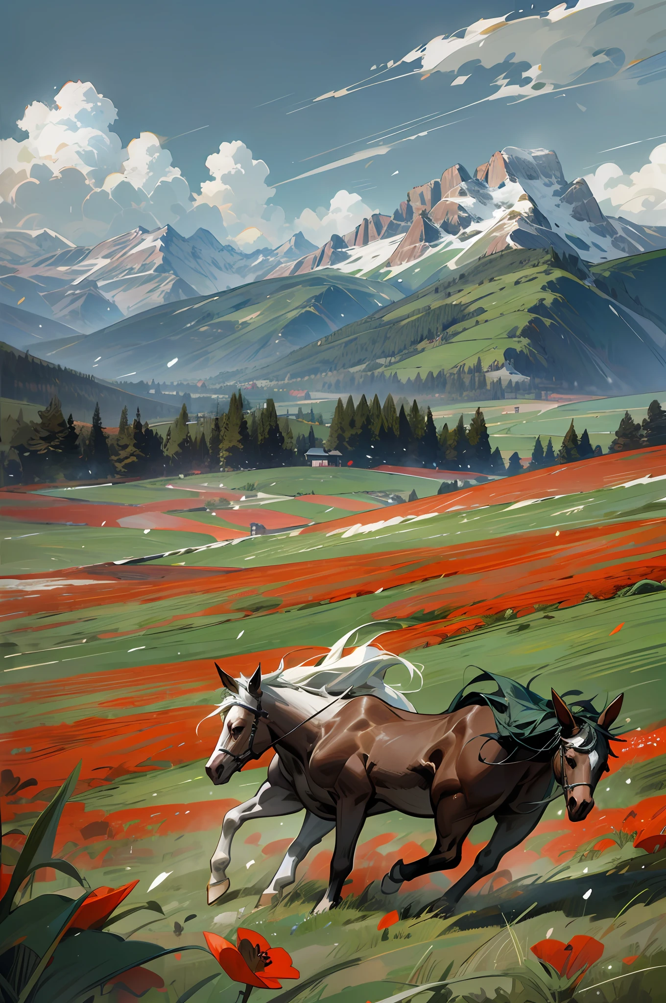 Two horses running freely in a meadow of green grass and red poppies. In the background there are large rocky mountains covered with snow. Hyper-detailed, high quality, photorealistic, 8k --auto --s2